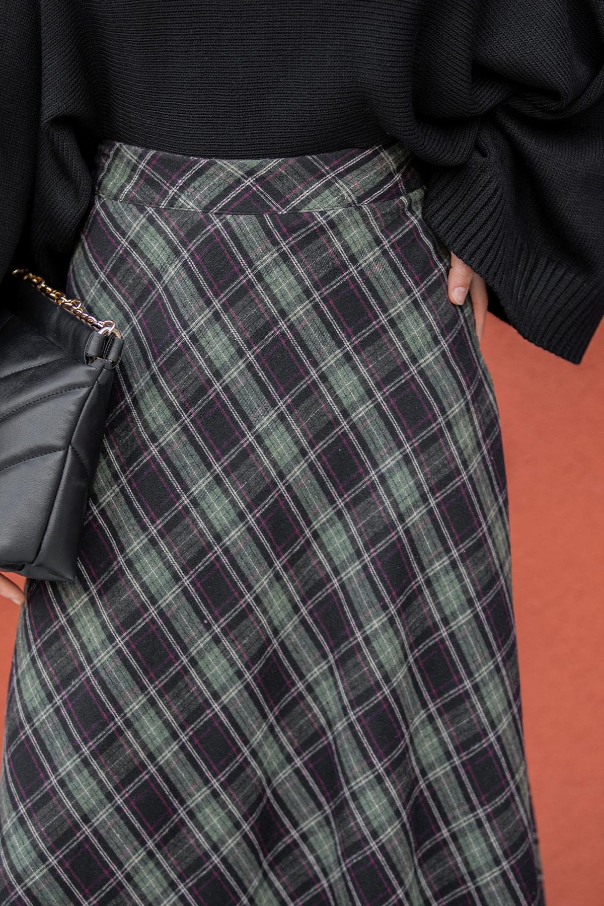 Minimal Ekoseli Evaze Etek-Haki