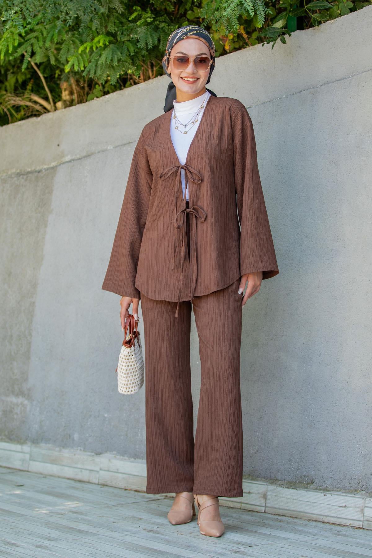 Mira Bürümcük Kumaş Tunik Pantolon Takım-Kahve