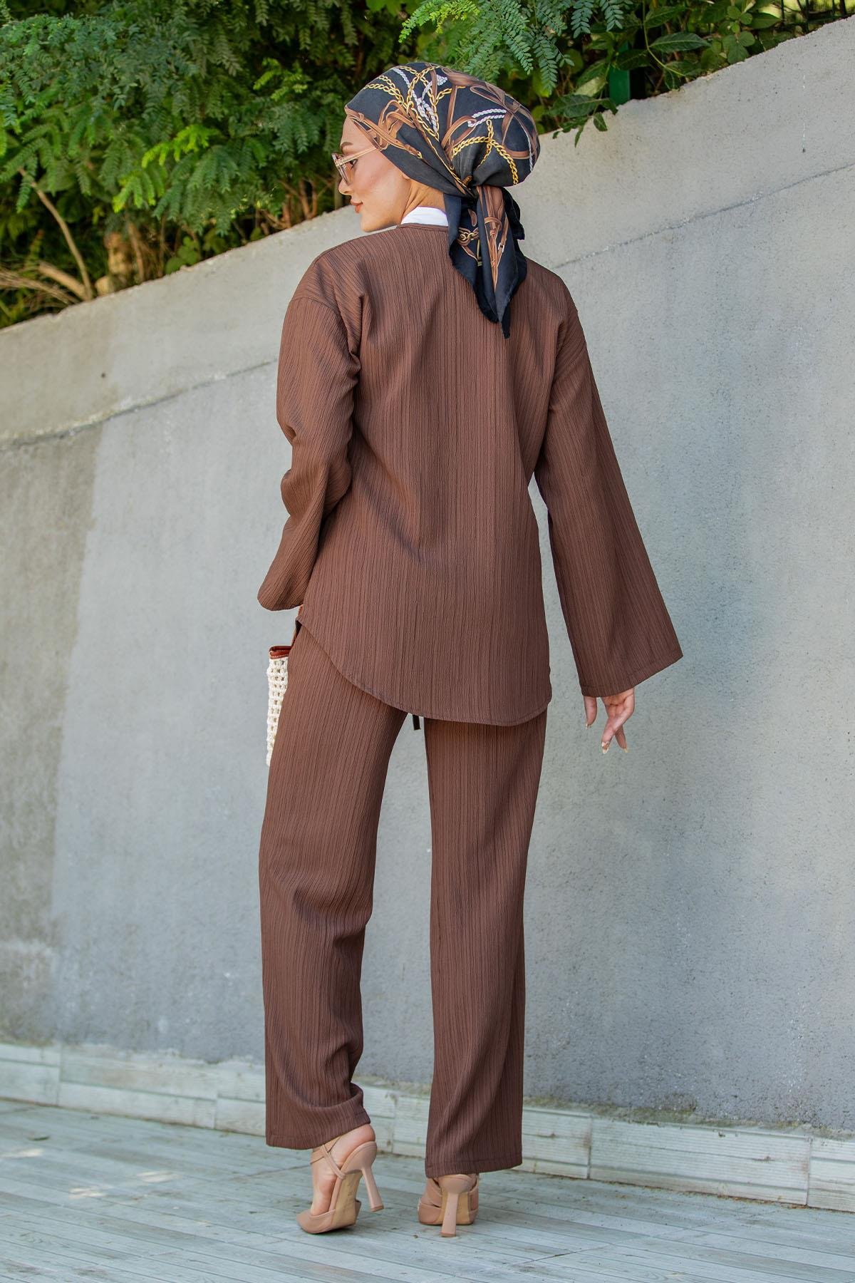 Mira Bürümcük Kumaş Tunik Pantolon Takım-Kahve