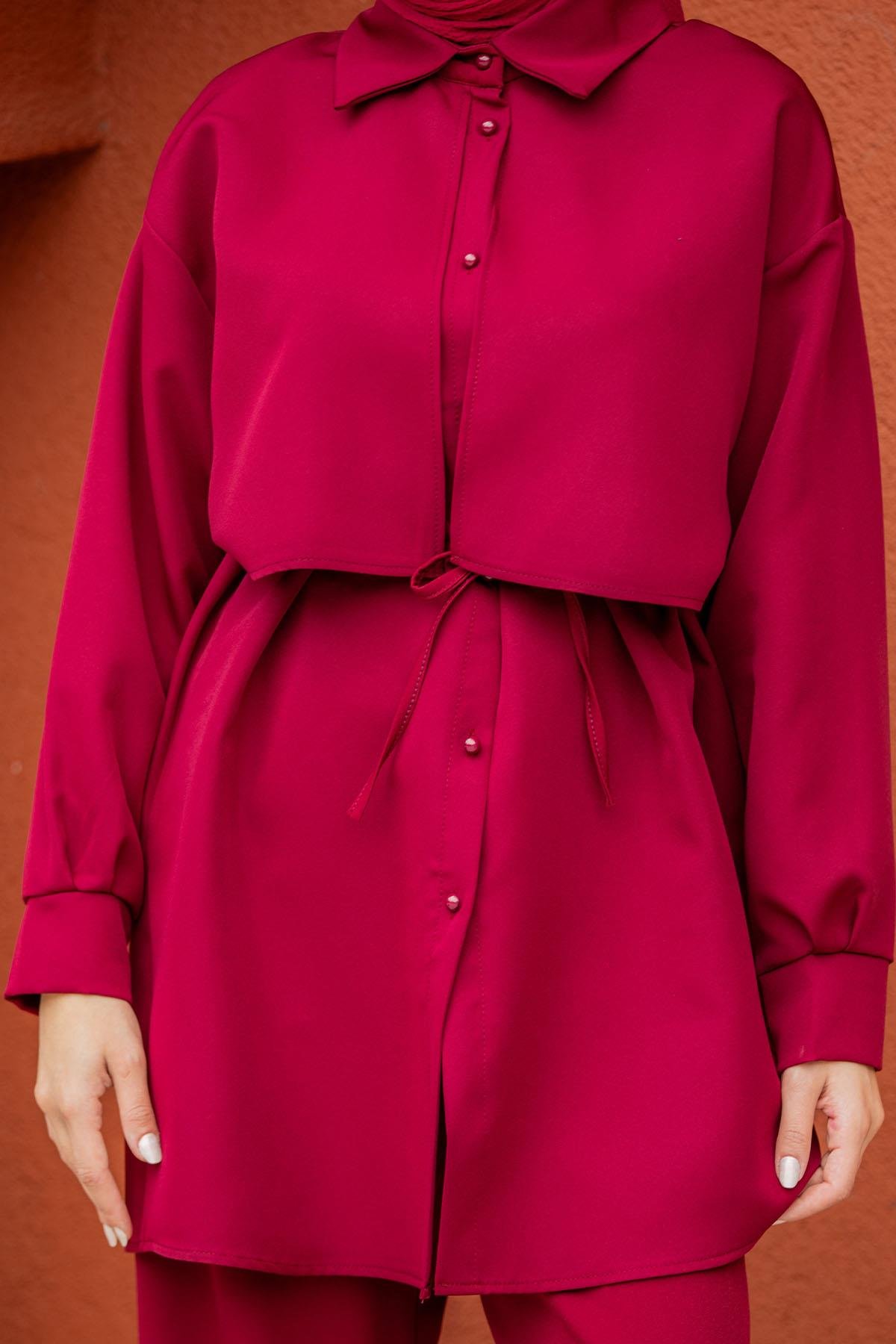 Mist Krep Tunik Pantolon Takım-Bordo