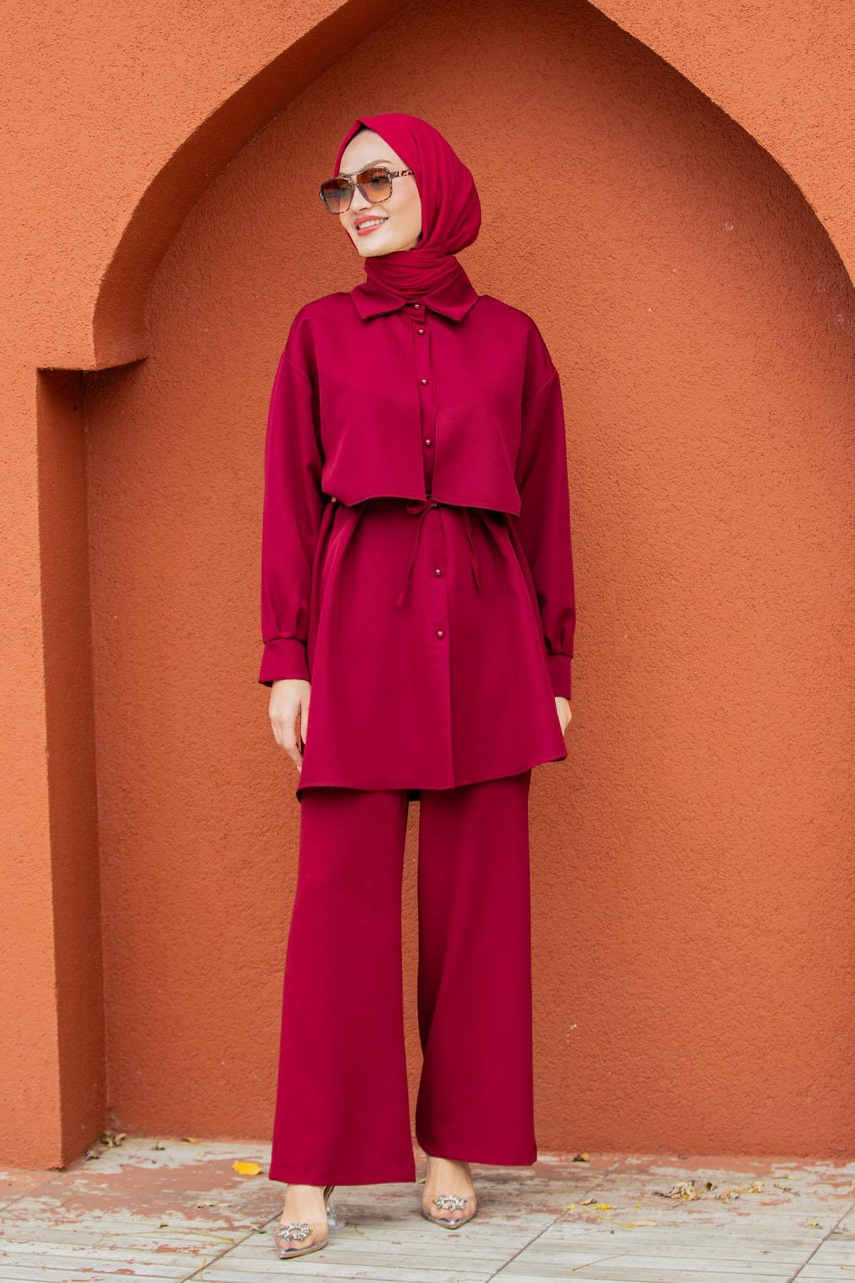 Mist Krep Tunik Pantolon Takım-Bordo
