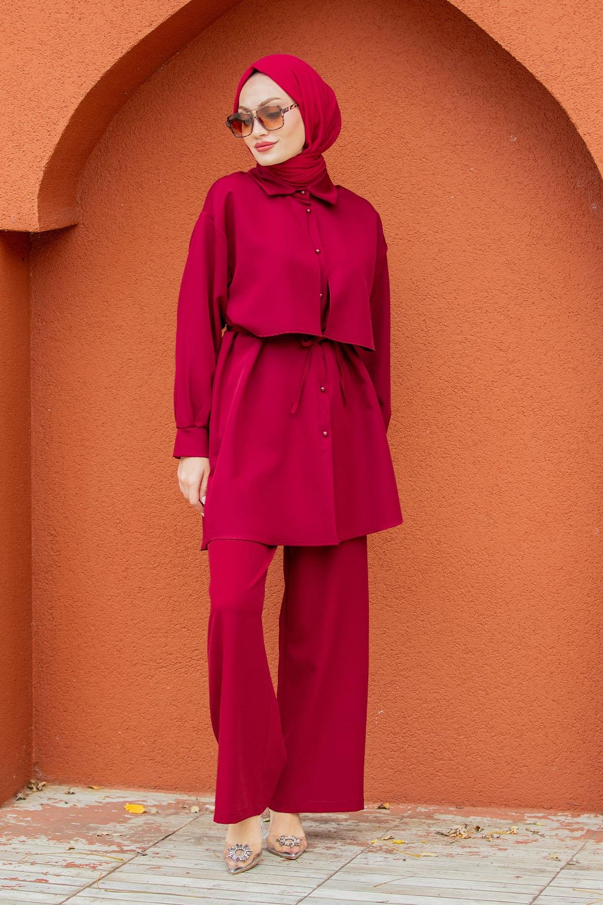 Mist Krep Tunik Pantolon Takım-Bordo
