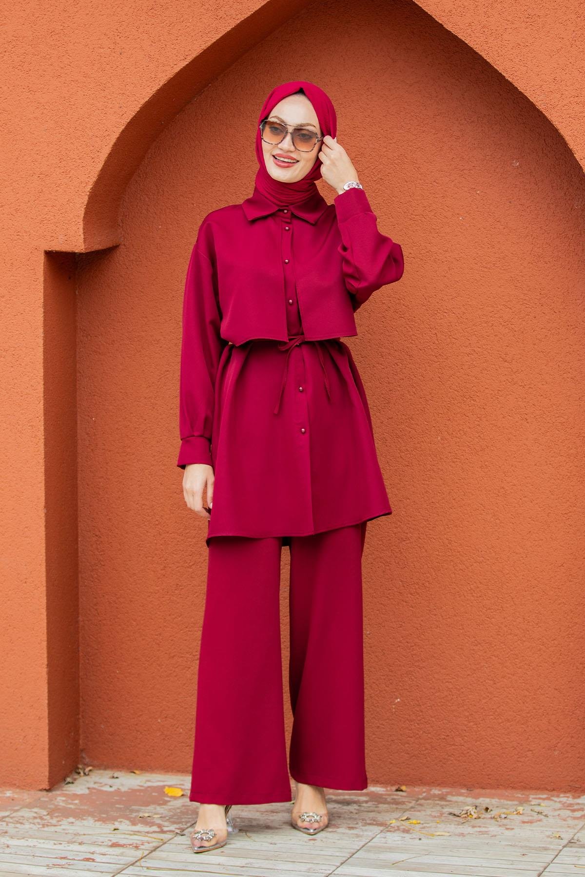 Mist Krep Tunik Pantolon Takım-Bordo