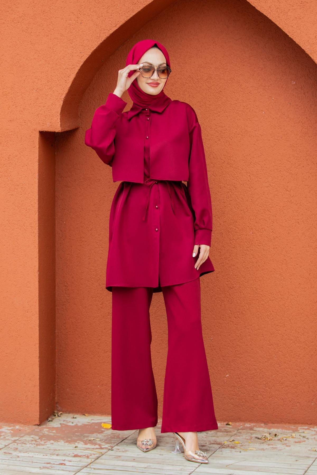 Mist Krep Tunik Pantolon Takım-Bordo