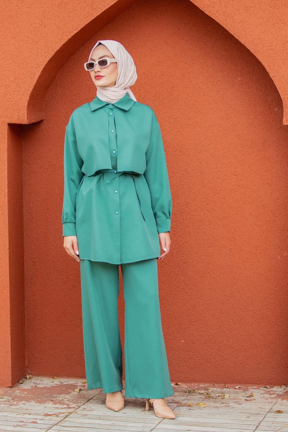 Mist Krep Tunik Pantolon Takım-Mint