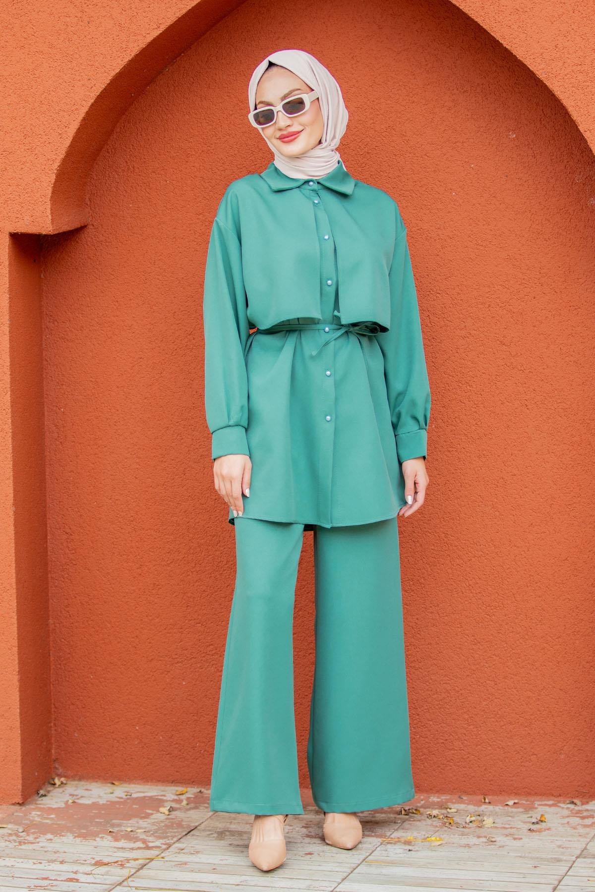 Mist Krep Tunik Pantolon Takım-Mint