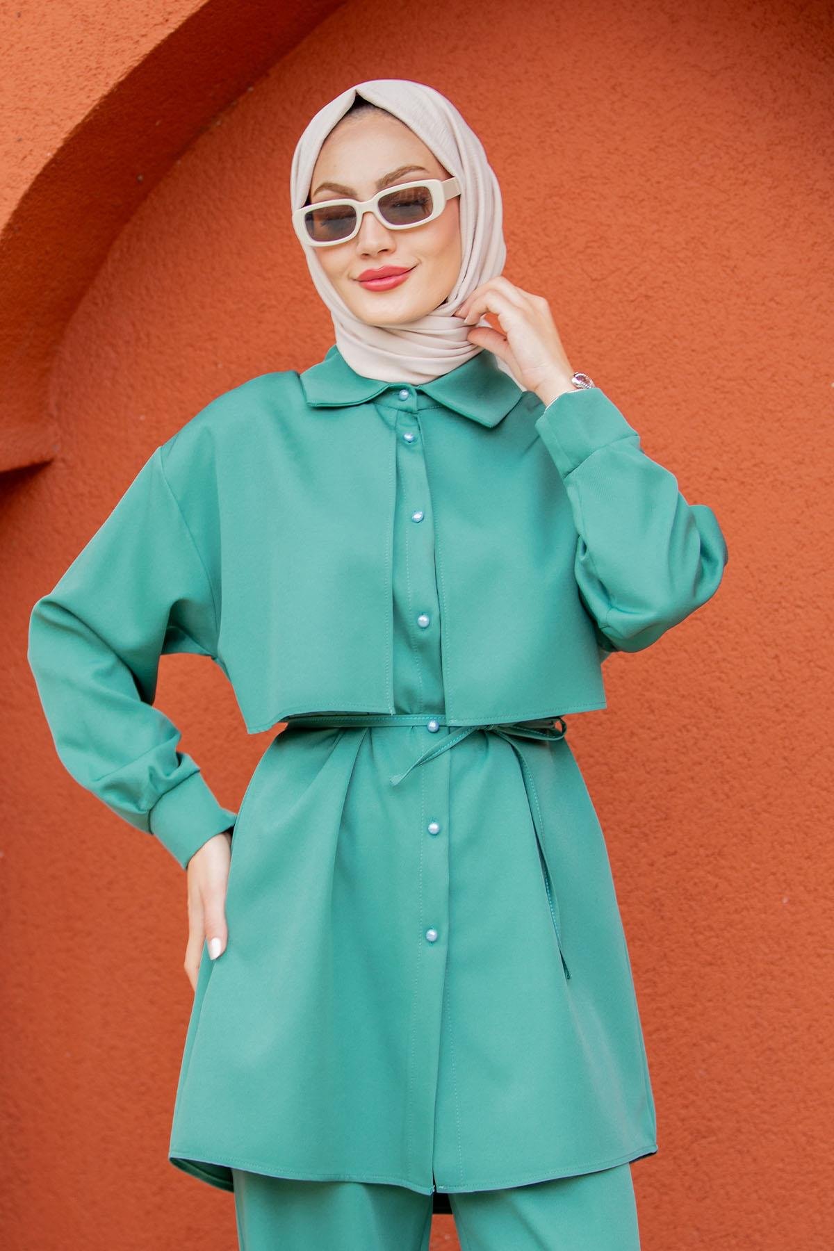 Mist Krep Tunik Pantolon Takım-Mint