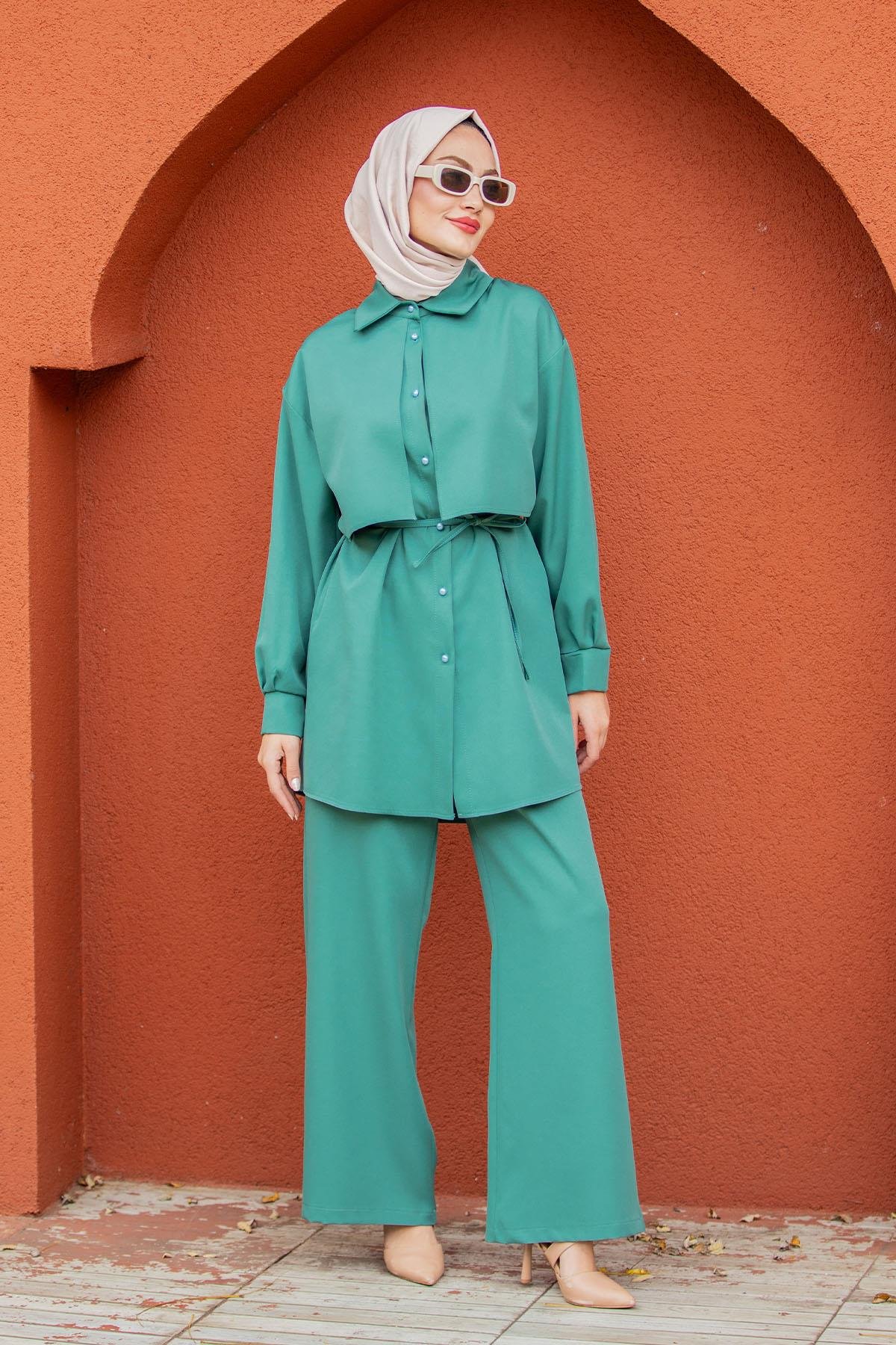 Mist Krep Tunik Pantolon Takım-Mint