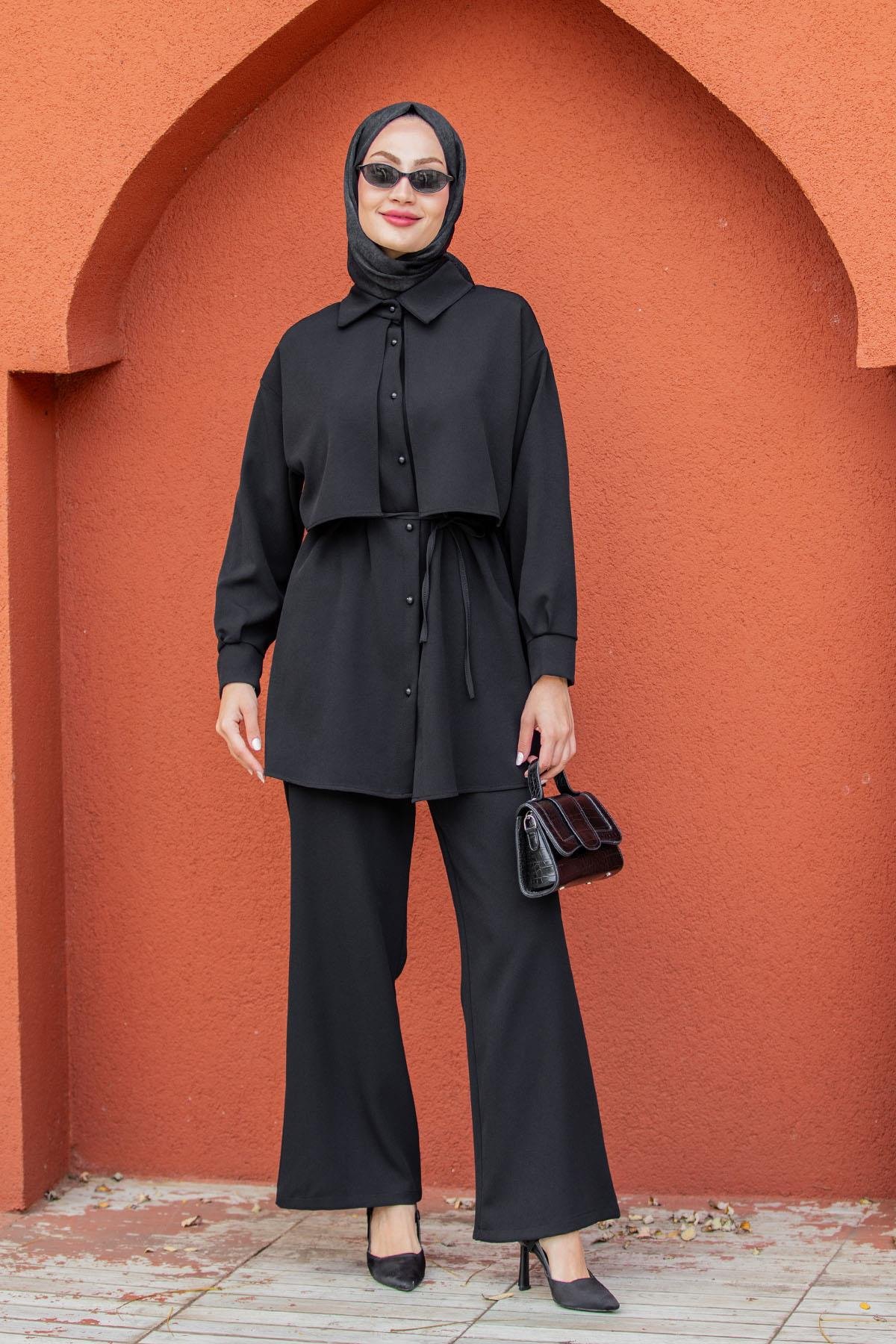 Mist Krep Tunik Pantolon Takım-Siyah