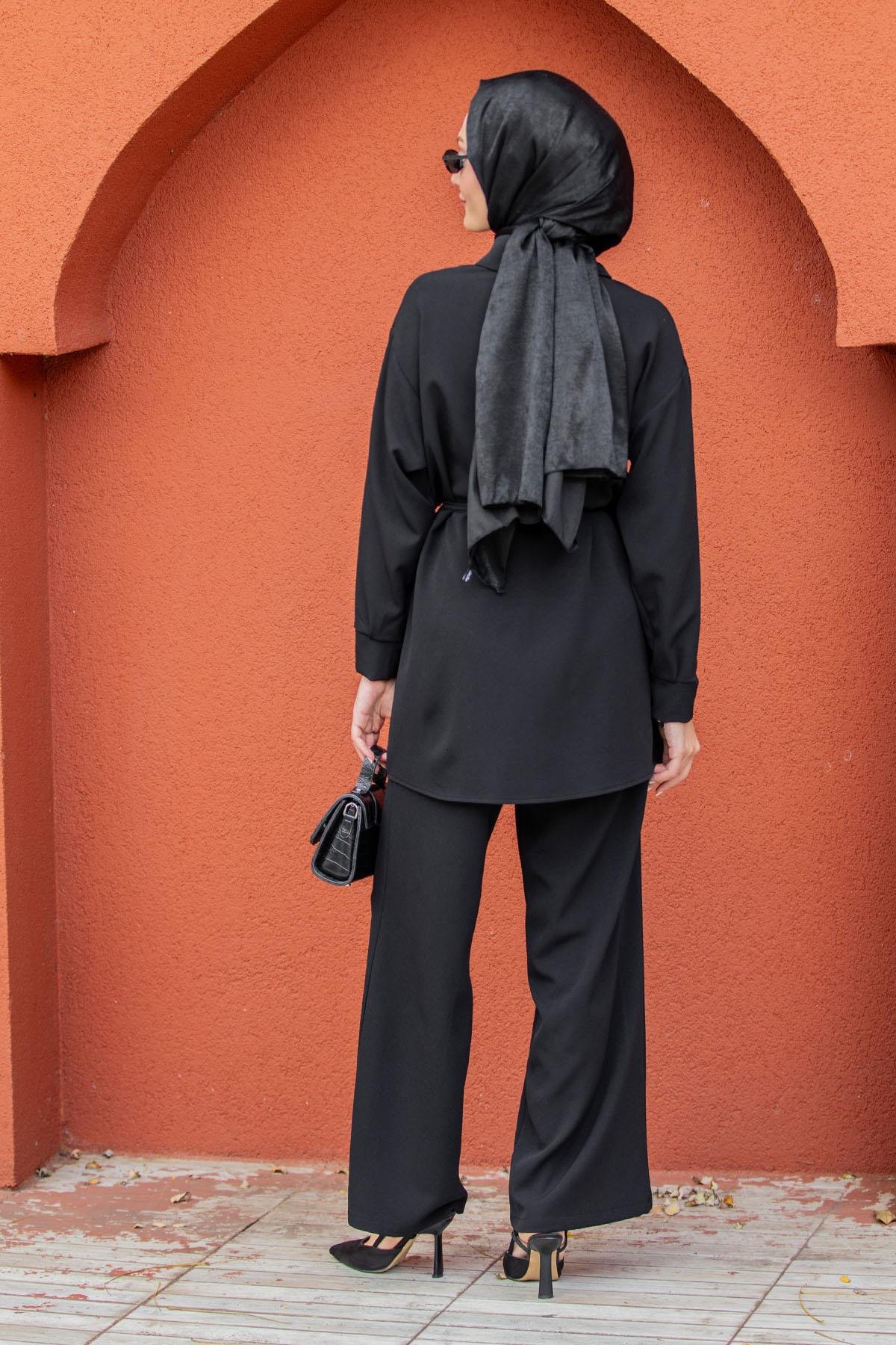 Mist Krep Tunik Pantolon Takım-Siyah
