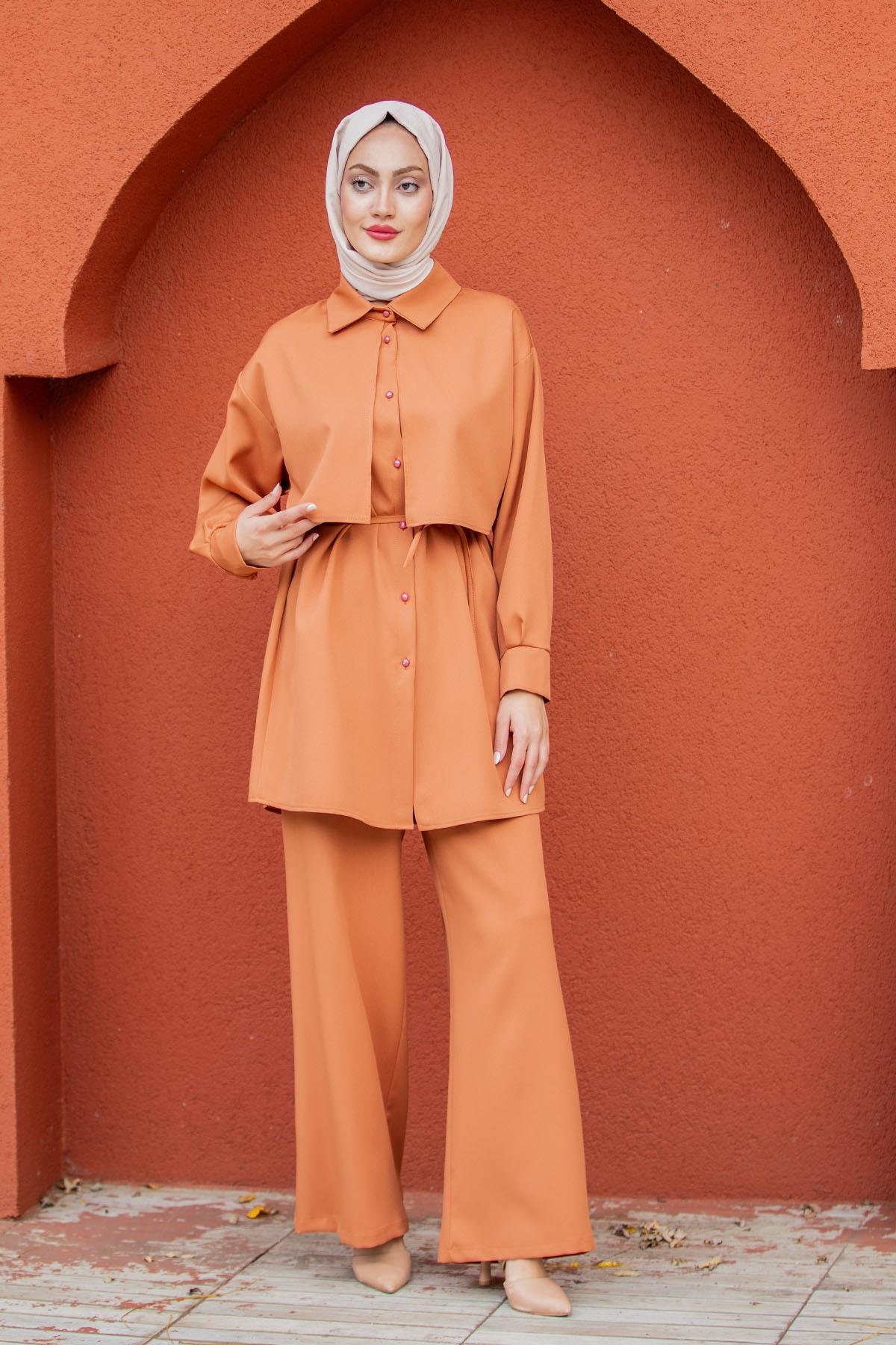 Mist Krep Tunik Pantolon Takım-Turuncu