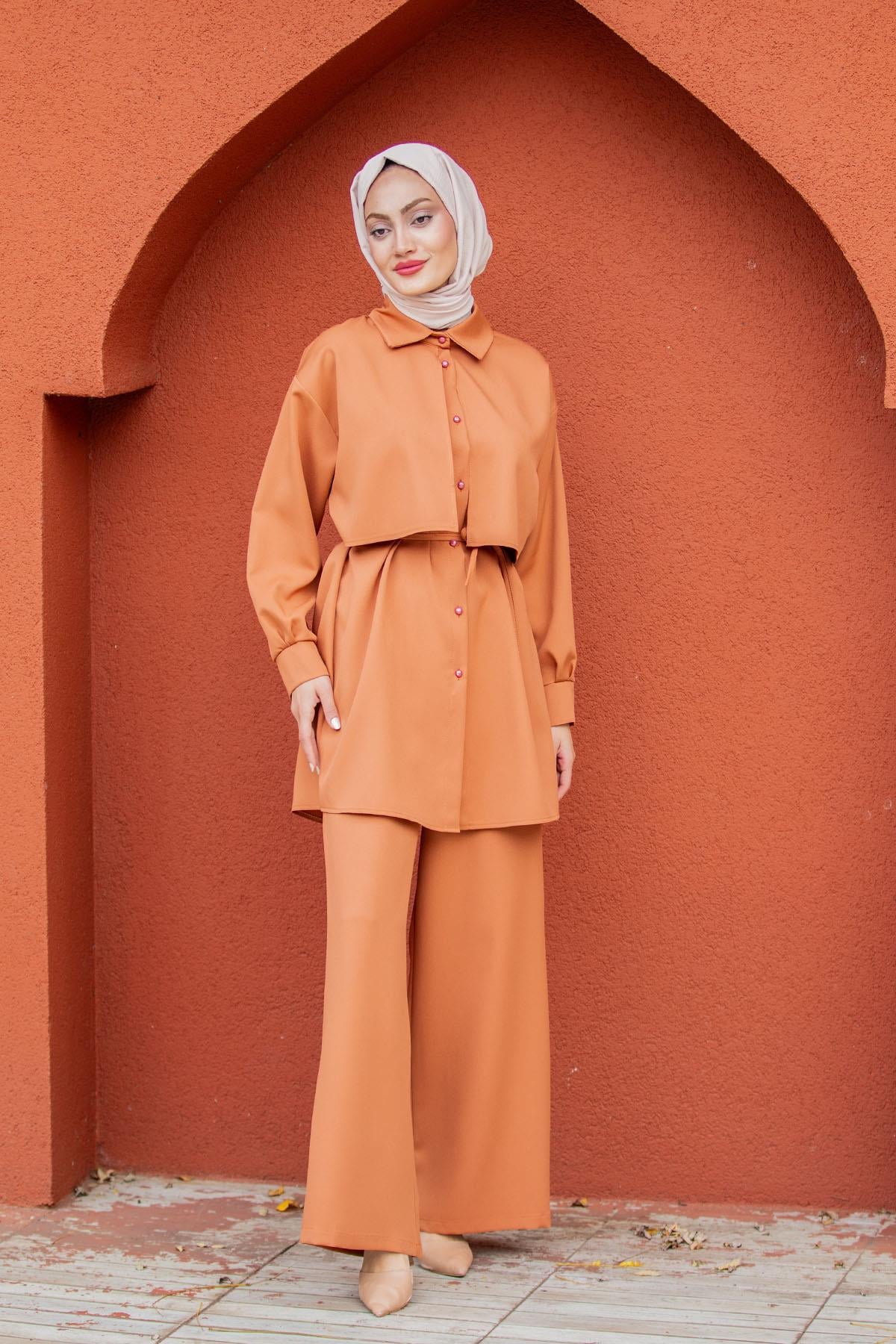 Mist Krep Tunik Pantolon Takım-Turuncu
