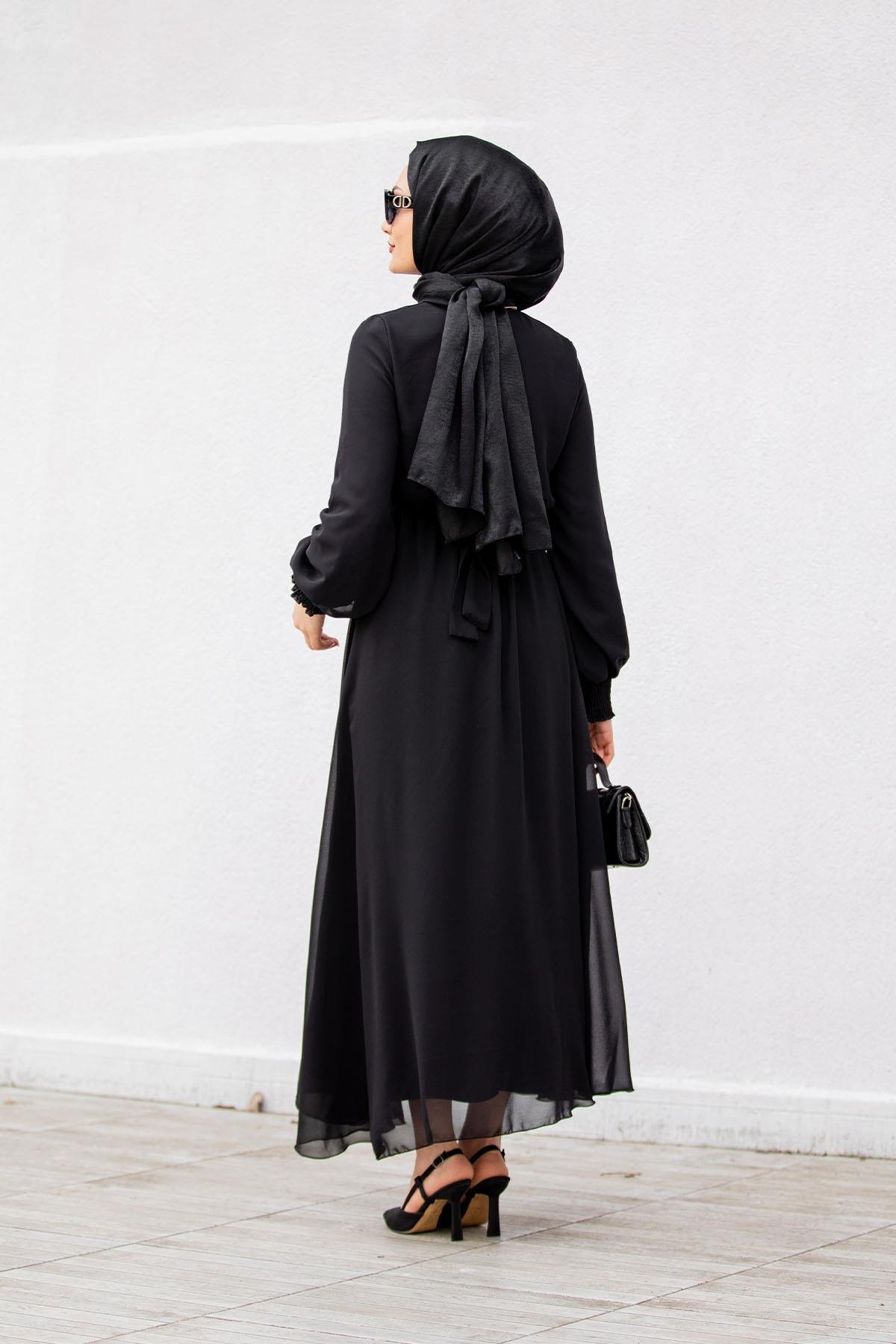 Moss Kol Gipeli Astarlı Şifon Elbise-Siyah