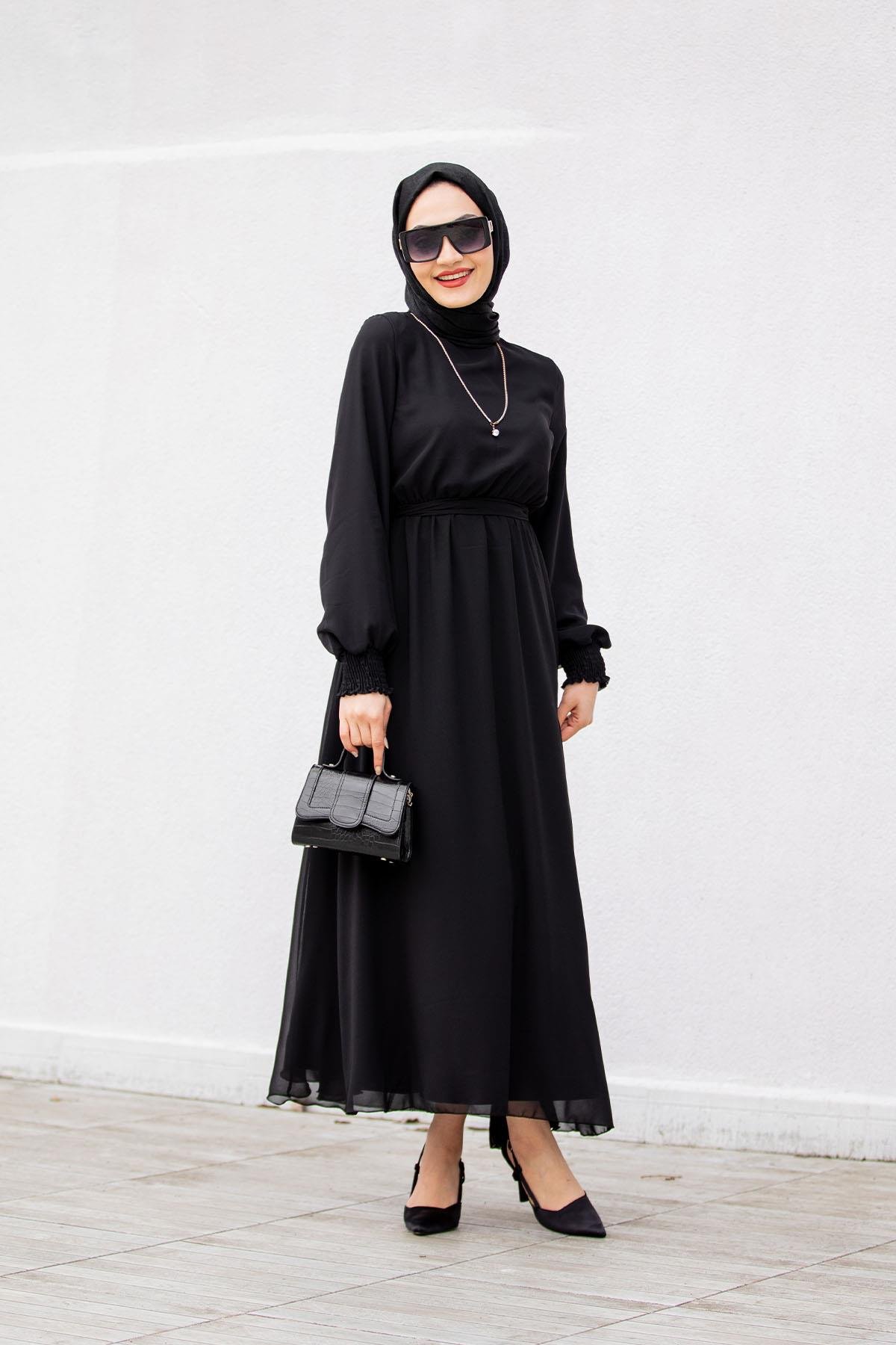 Moss Kol Gipeli Astarlı Şifon Elbise-Siyah