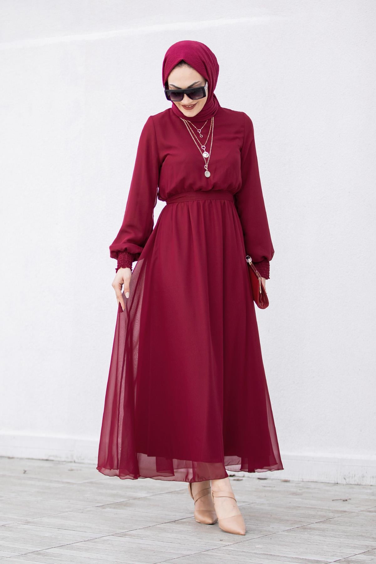 Moss Kol Gipeli Şifon Elbise-Bordo