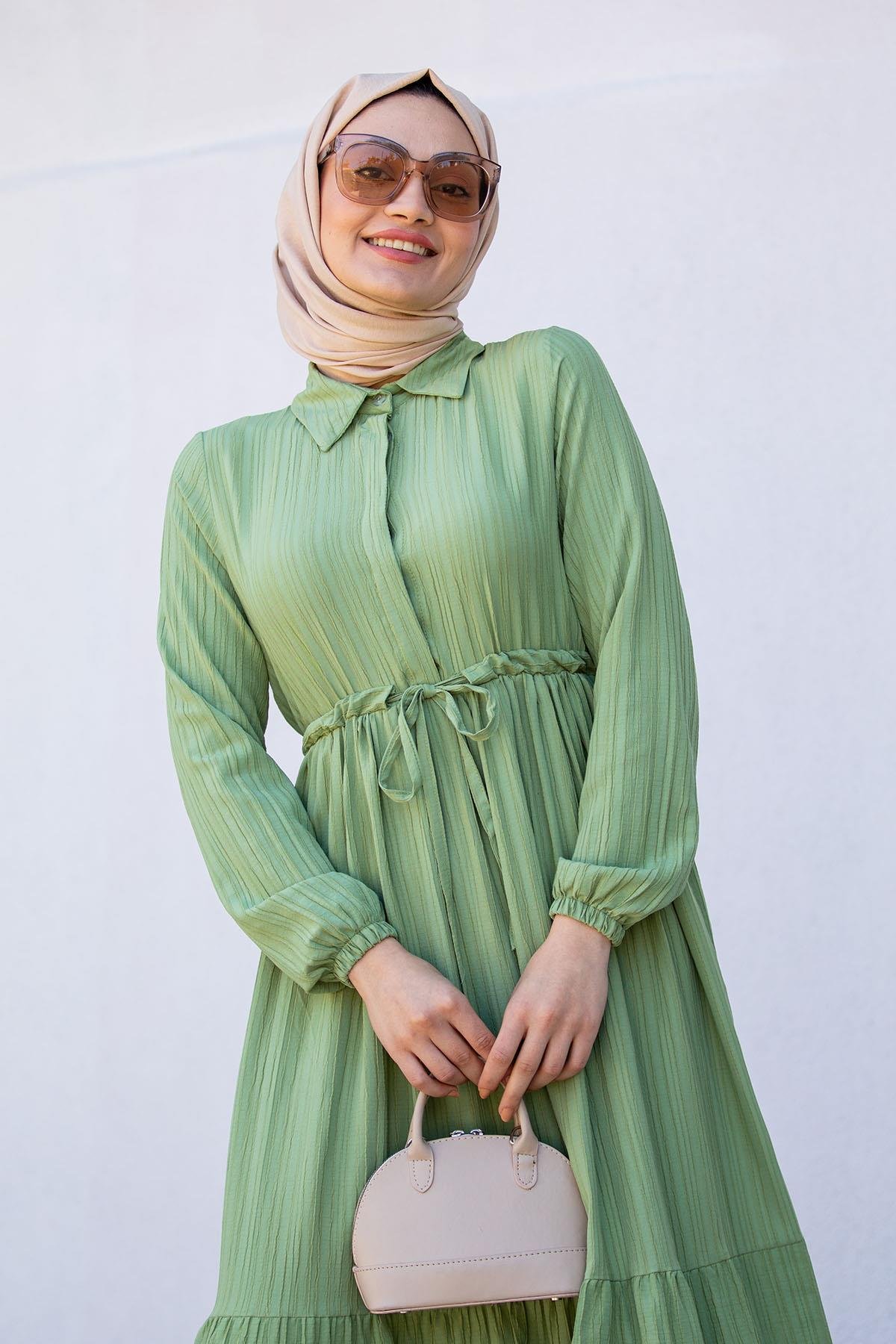 Nare Pamuklu Bürümcük Elbise-Mint
