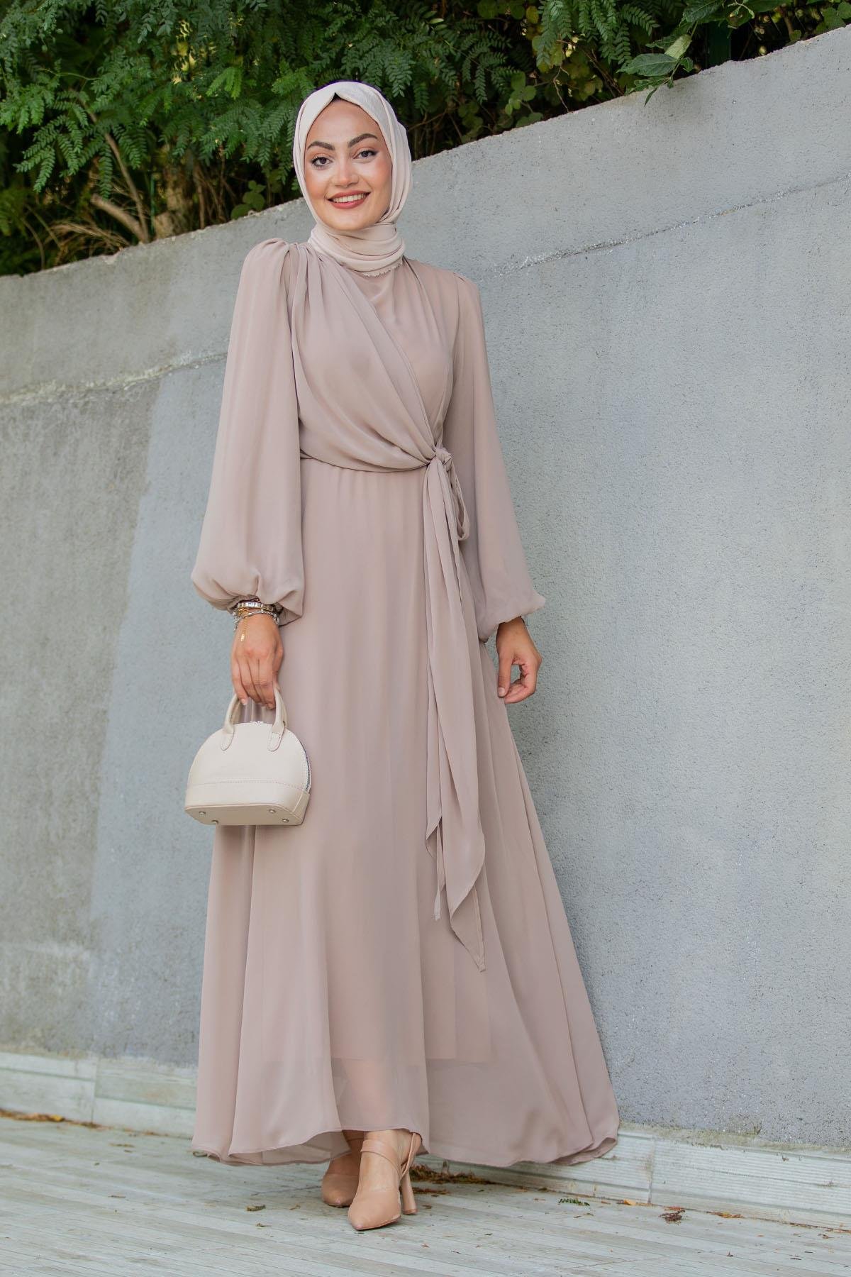 Narin Mat Şifon Tesettür Abiye-Bej
