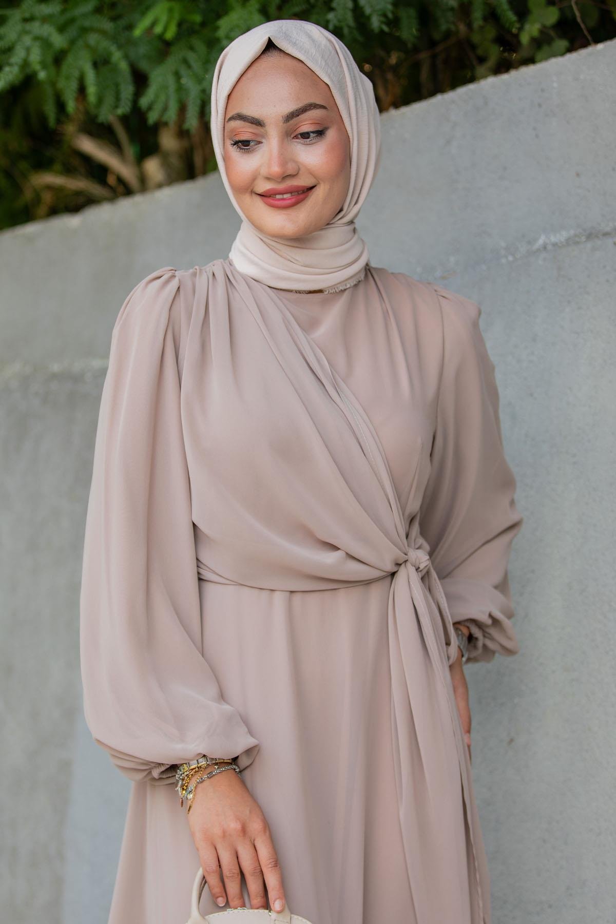 Narin Mat Şifon Tesettür Abiye-Bej