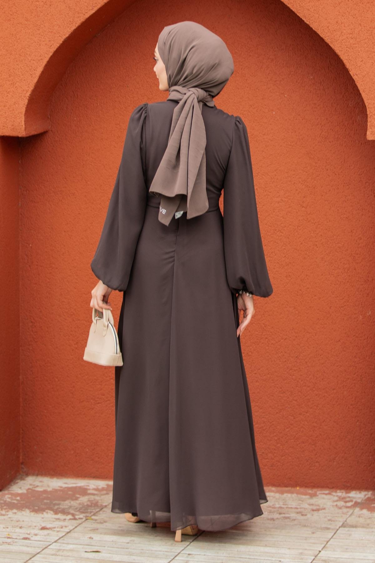 Narin Mat Şifon Tesettür Abiye-Kahve