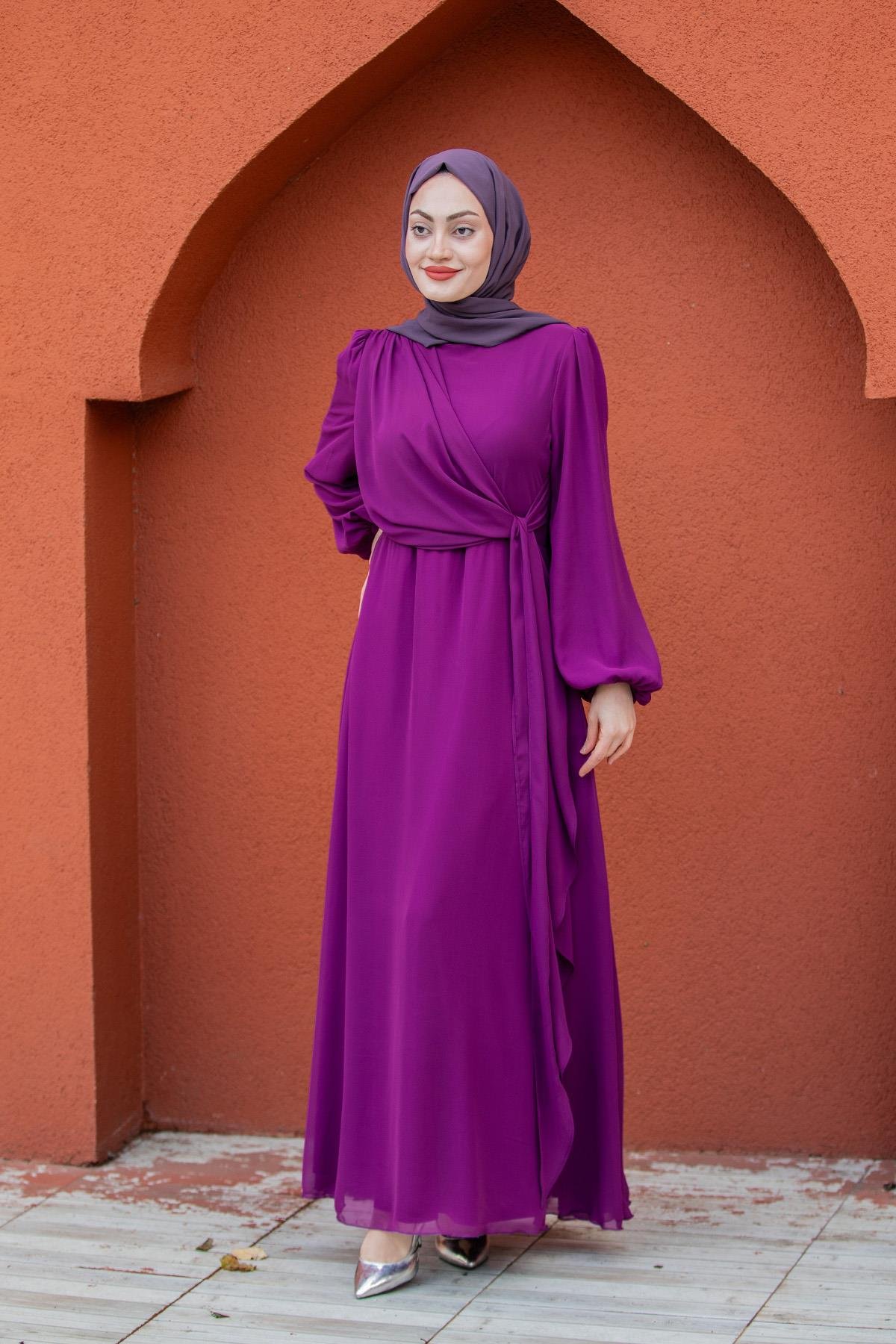 Narin Mat Şifon Tesettür Abiye-Mor