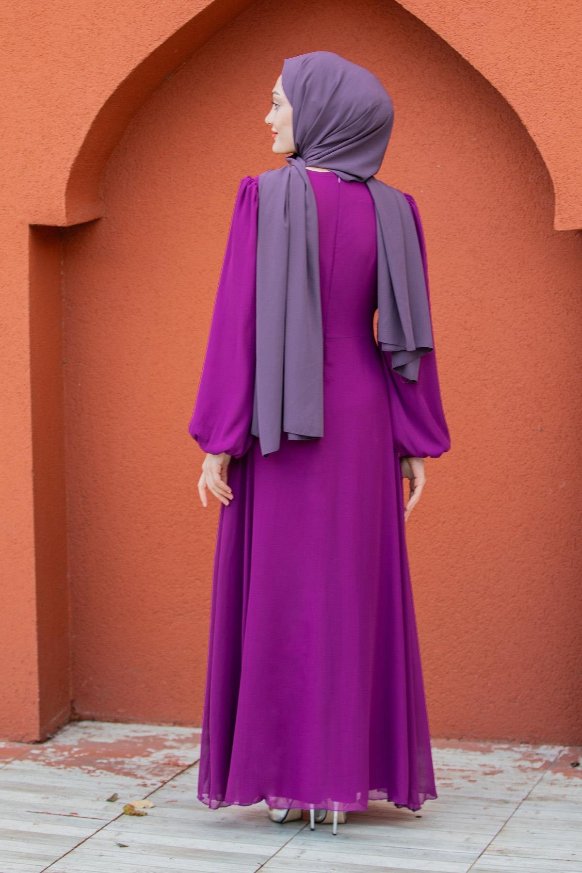 Narin Mat Şifon Tesettür Abiye-Mor
