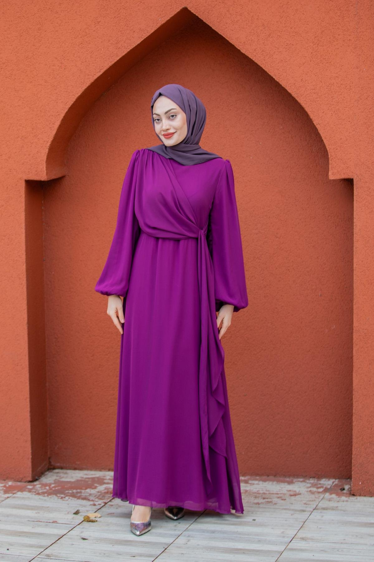 Narin Mat Şifon Tesettür Abiye-Mor