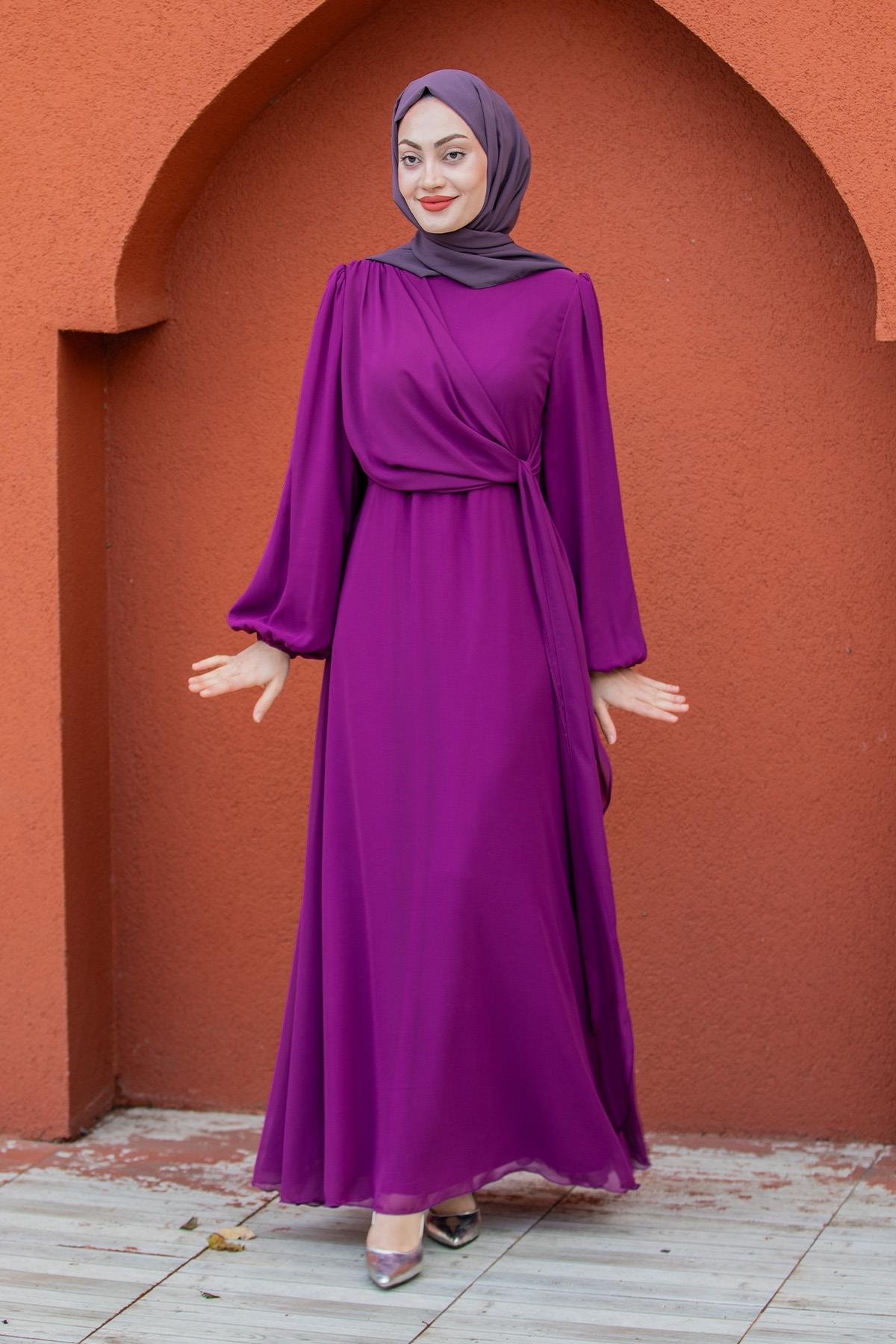 Narin Mat Şifon Tesettür Abiye-Mor