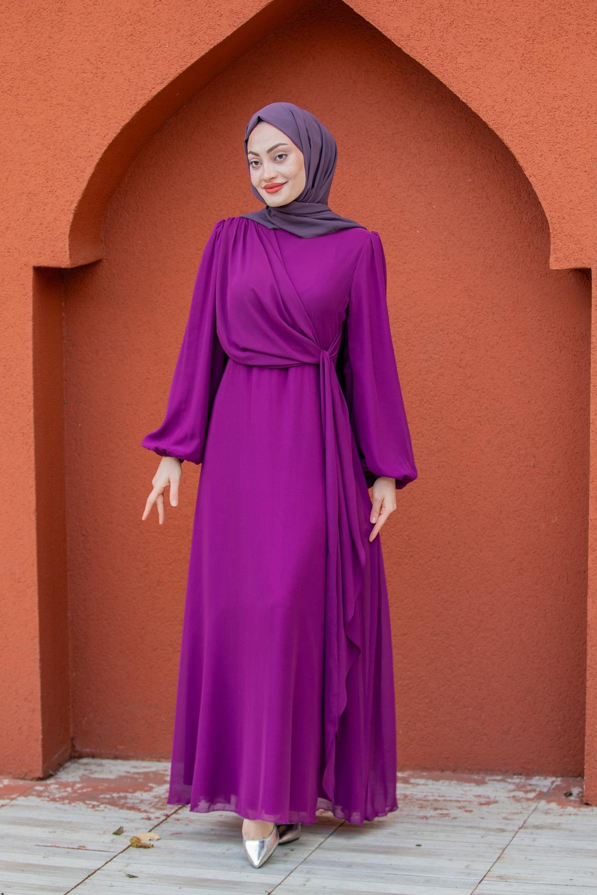 Narin Mat Şifon Tesettür Abiye-Mor