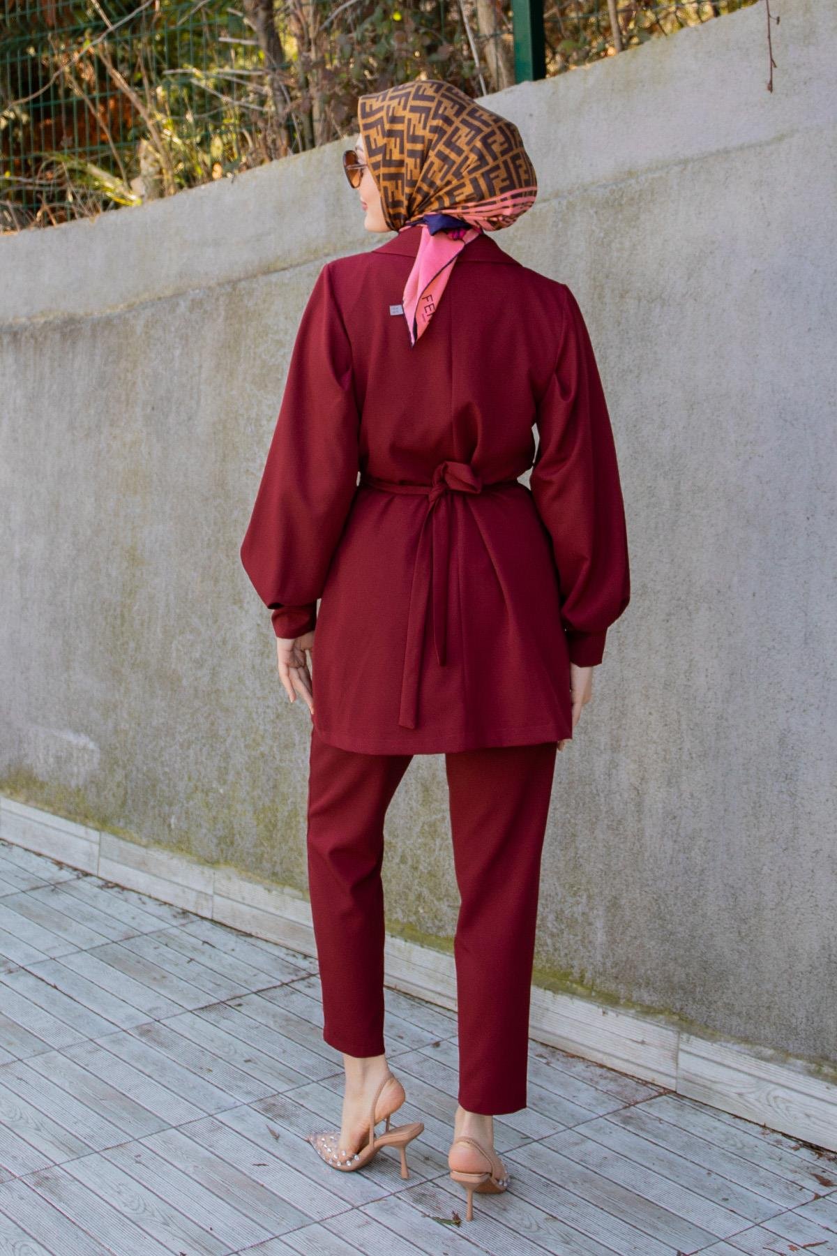 Need Gül Kuşaklı Ceket Pantolon Takım-Bordo