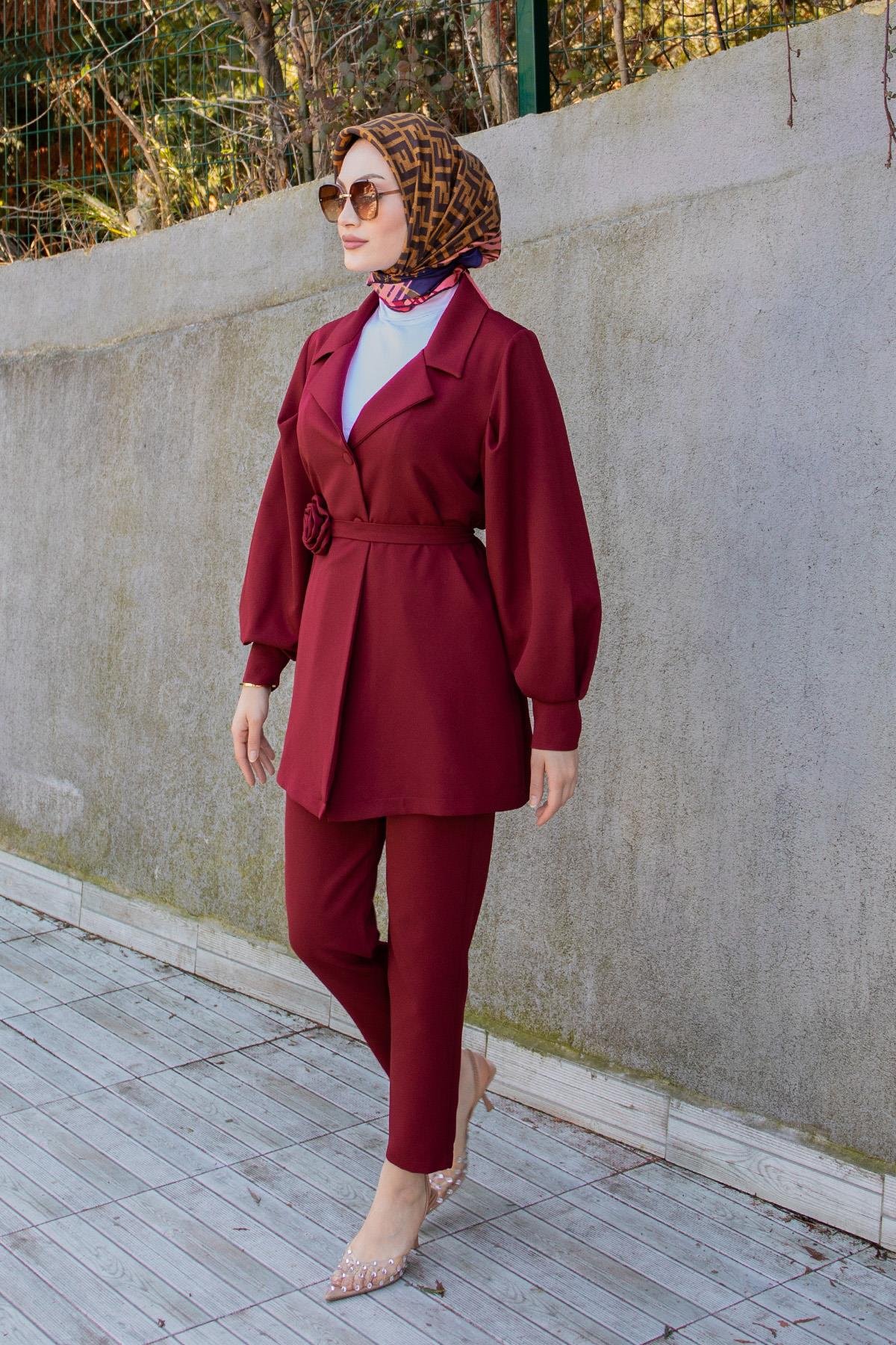 Need Gül Kuşaklı Ceket Pantolon Takım-Bordo