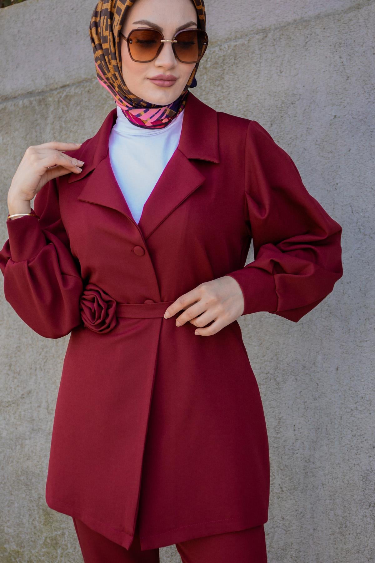 Need Gül Kuşaklı Ceket Pantolon Takım-Bordo