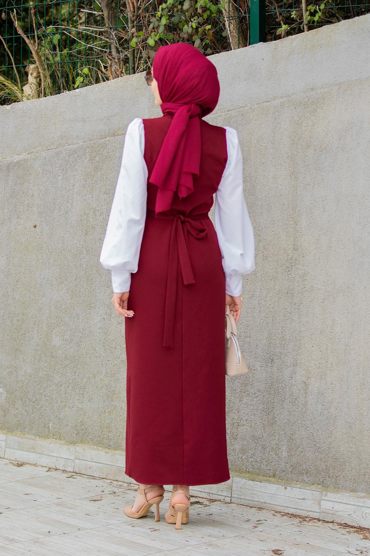 Neyla Dokuma Kalem Elbise-Bordo
