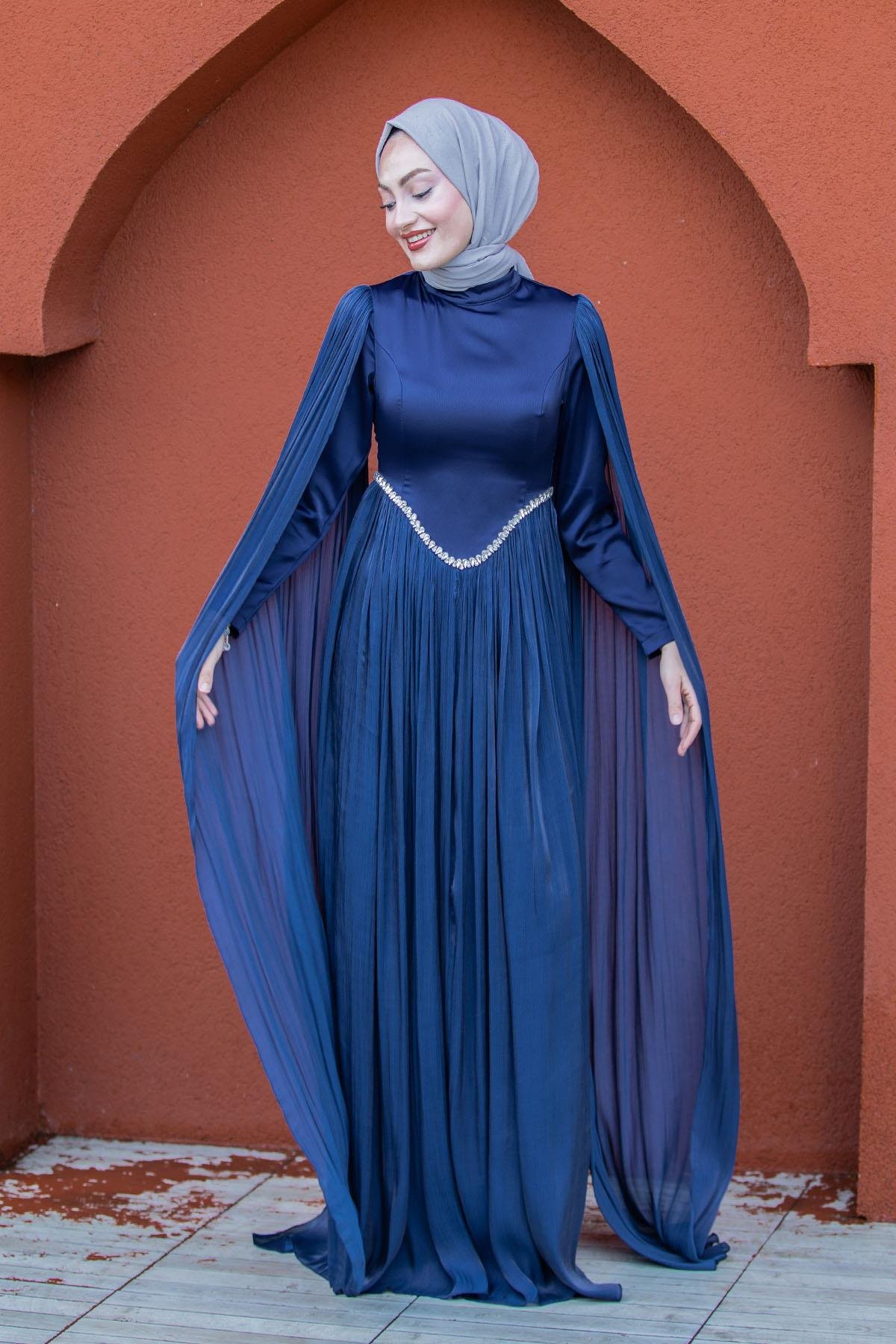 Nida Drapeli Taşlı Tesettür Abiye-Laci