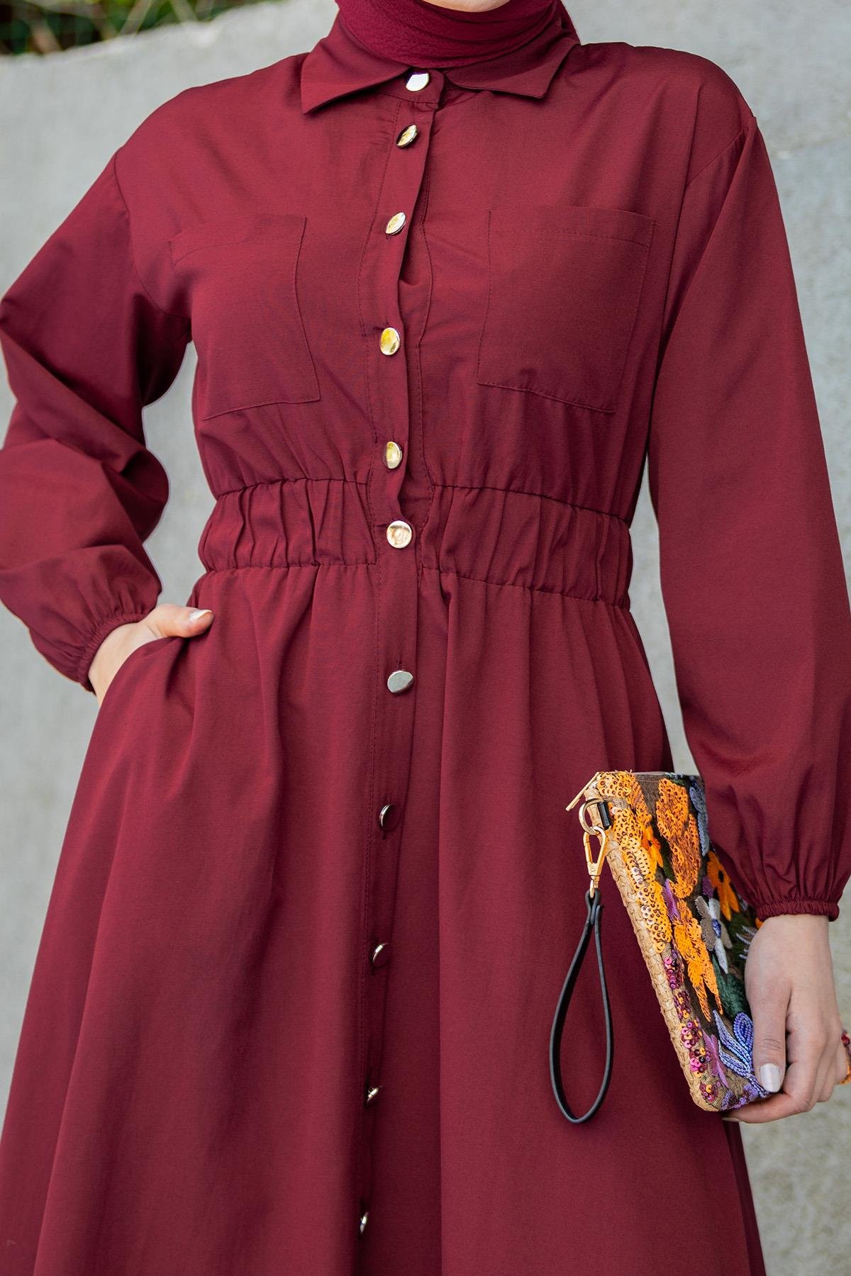 Nil Boydan Düğmeli Pamuk Cotton Elbise-Bordo