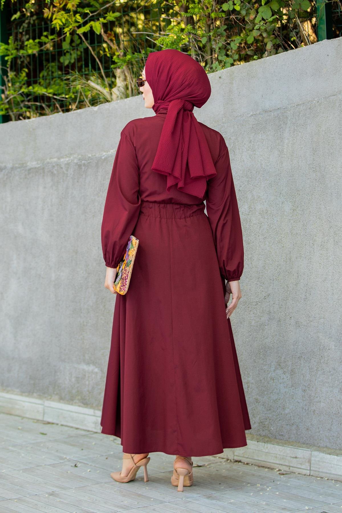 Nil Boydan Düğmeli Pamuk Cotton Elbise-Bordo