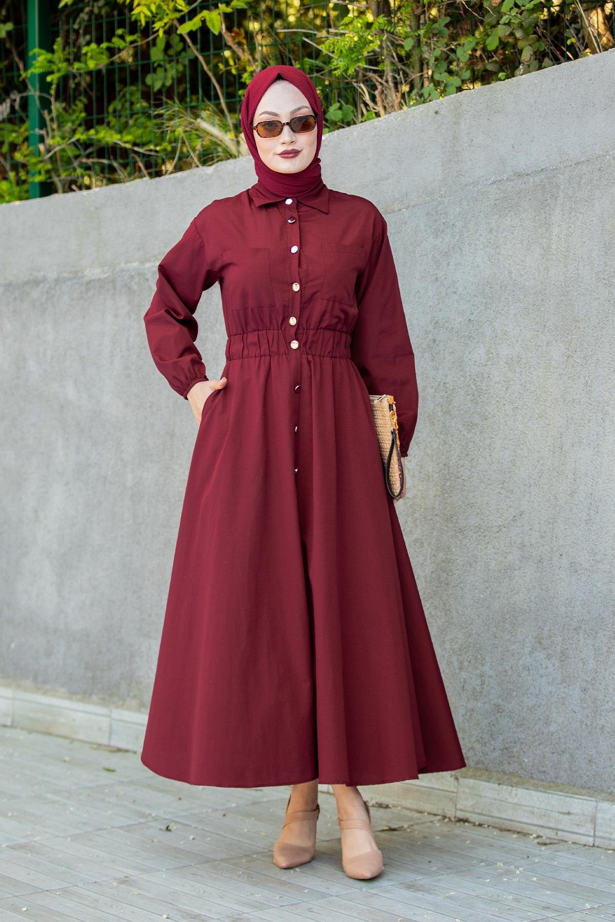 Nil Boydan Düğmeli Pamuk Cotton Elbise-Bordo