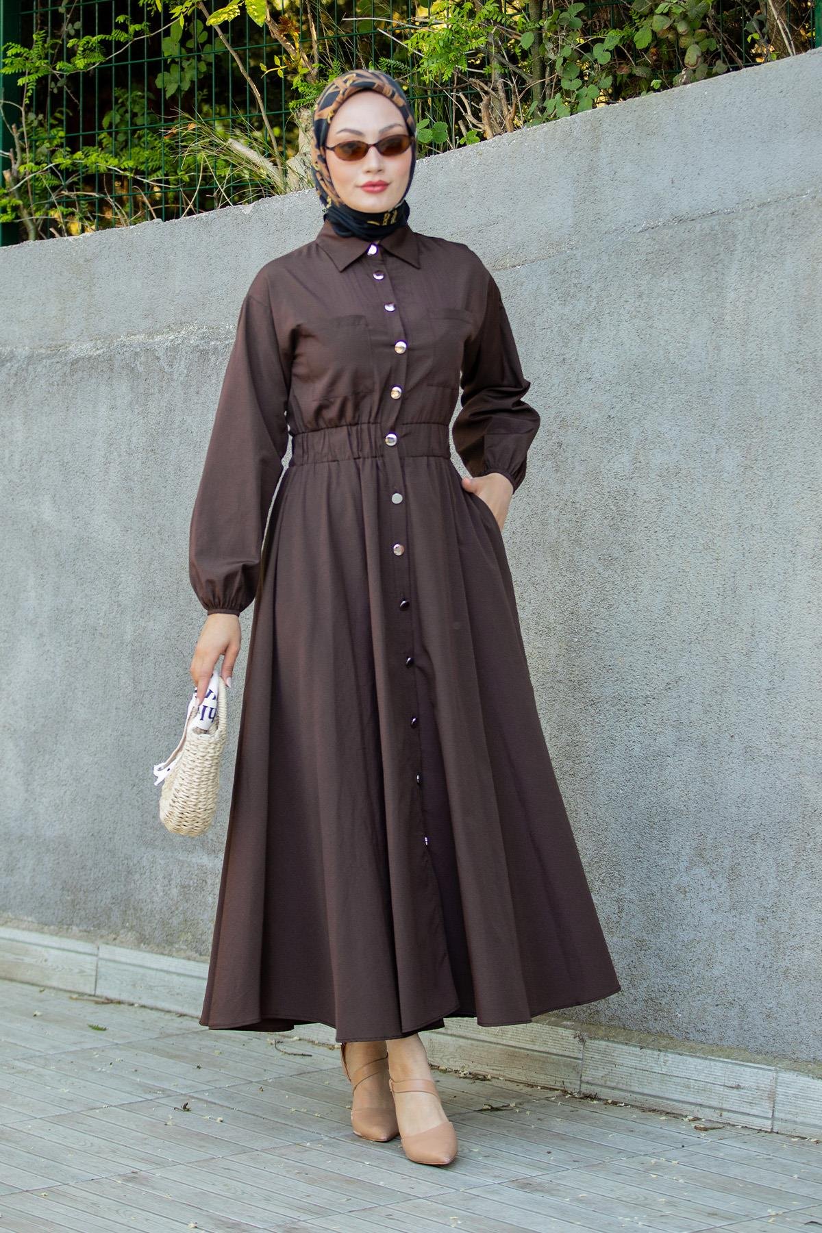 Nil Boydan Düğmeli Pamuk Cotton Elbise-Kahve