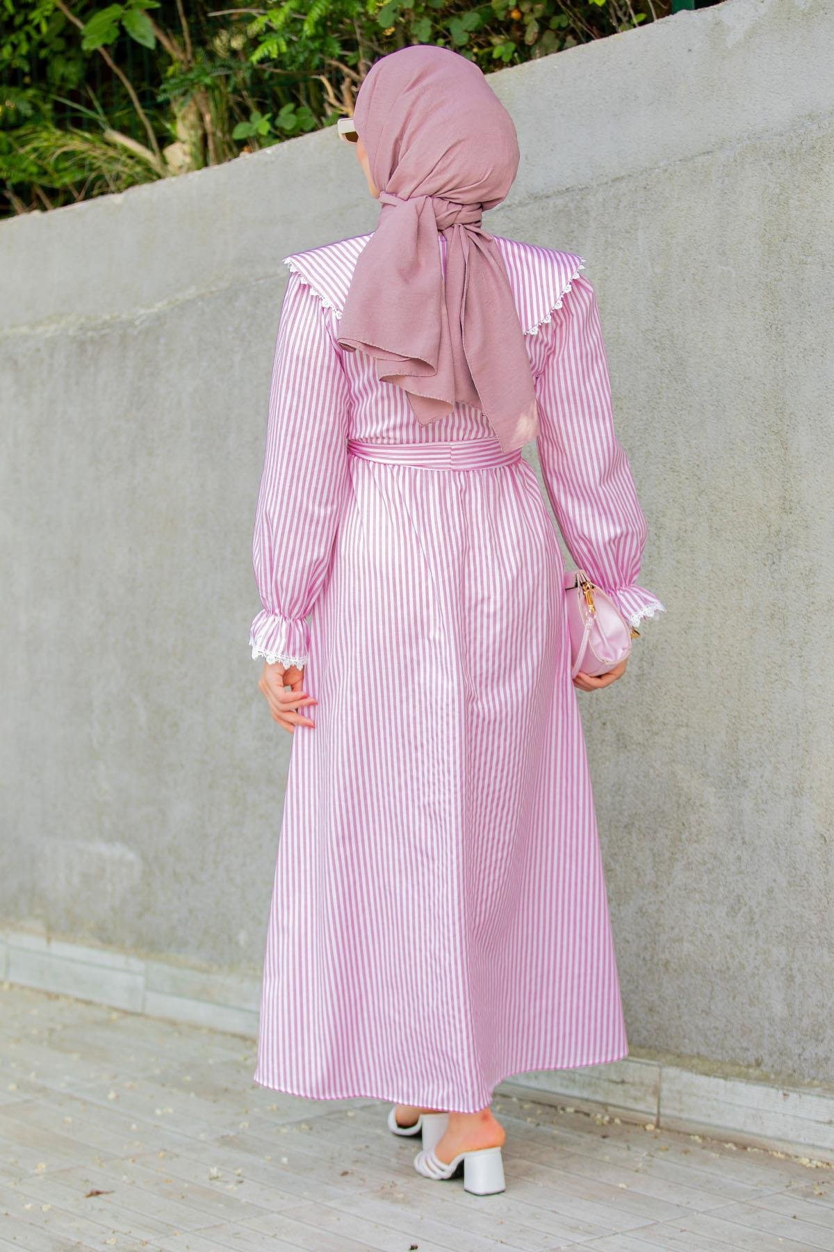 Noor Çizgili Keten Dokuma Elbise-Pembe