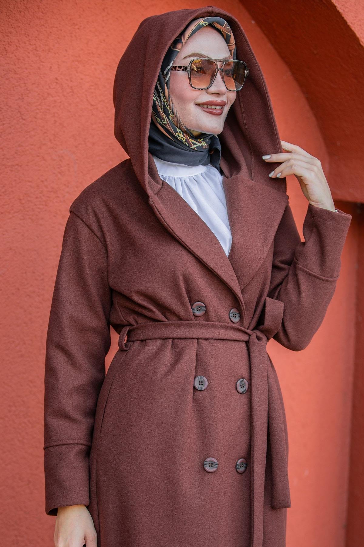 Note Astarlı Kapüşonlu Uzun Boy Kaban-Kahve