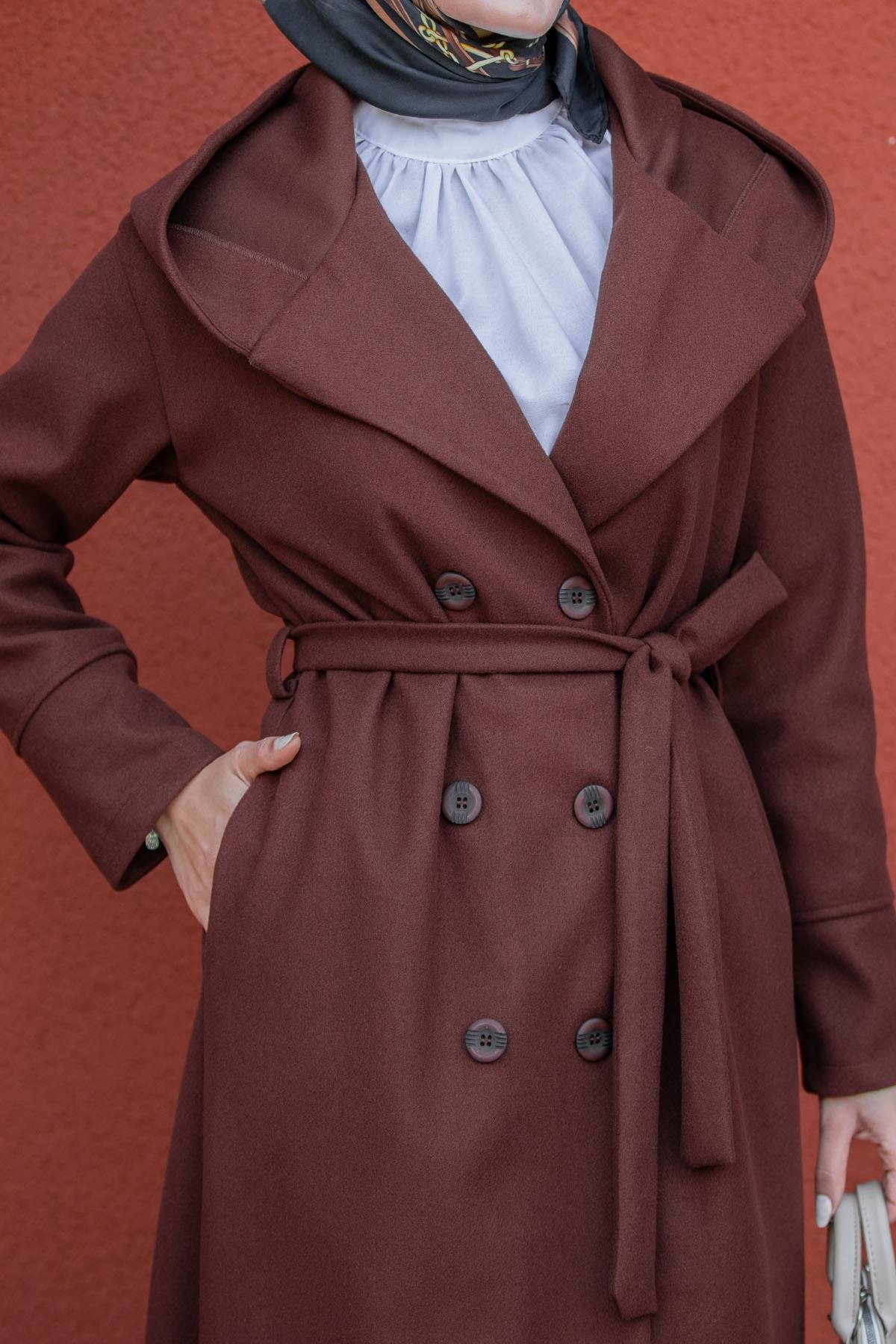 Note Astarlı Kapüşonlu Uzun Boy Kaban-Kahve