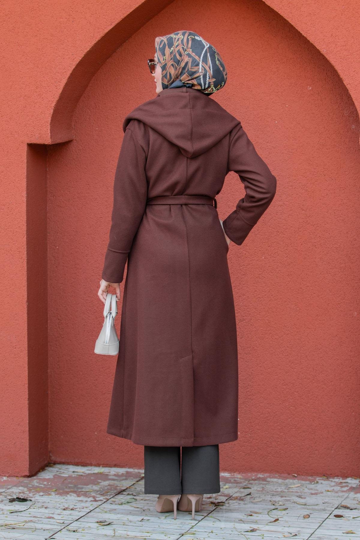 Note Astarlı Kapüşonlu Uzun Boy Kaban-Kahve