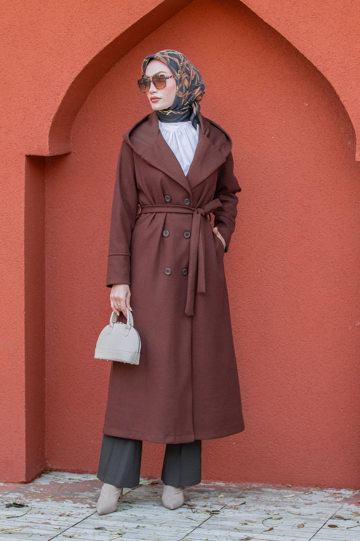 Note Astarlı Kapüşonlu Uzun Boy Kaban-Kahve