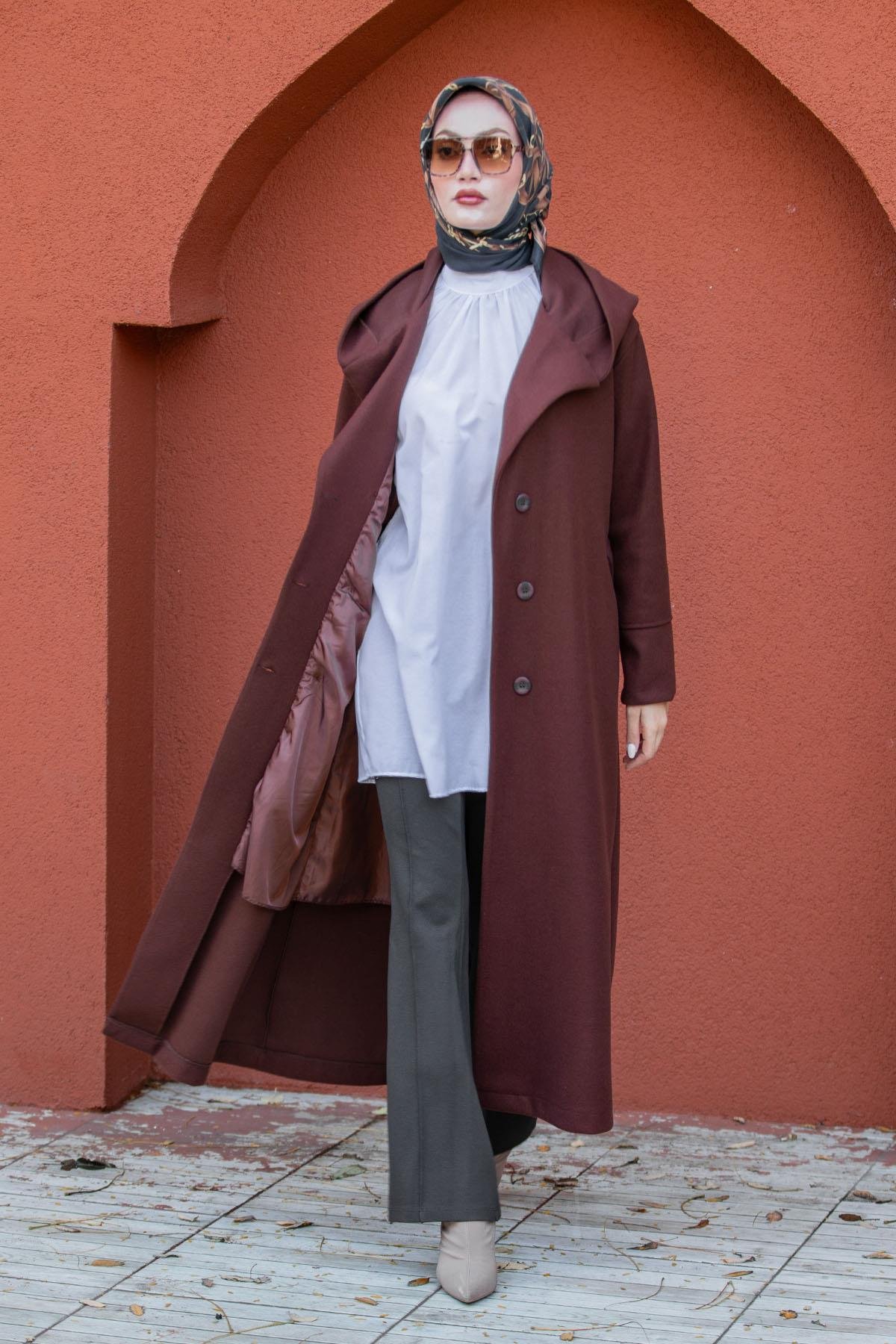 Note Astarlı Kapüşonlu Uzun Boy Kaban-Kahve