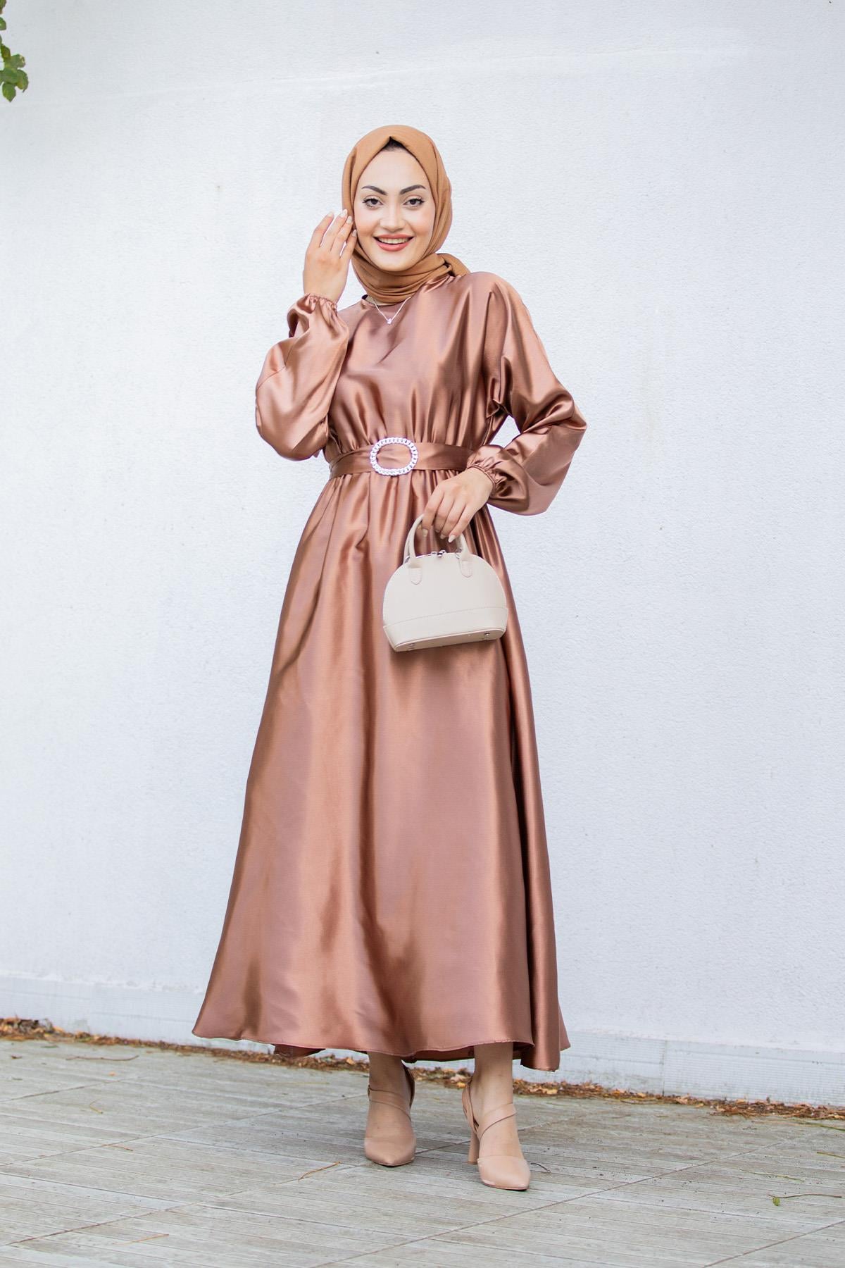 Nude Saten Mevlana Tesettür Abiye-Bronz