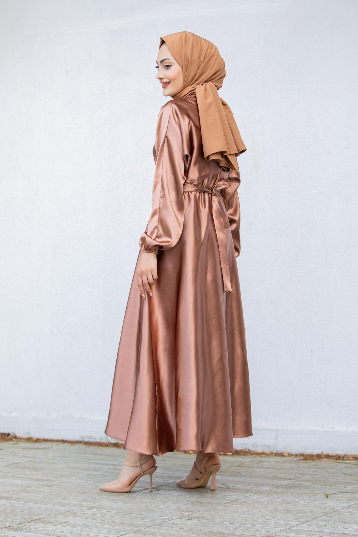 Nude Saten Mevlana Tesettür Abiye-Bronz