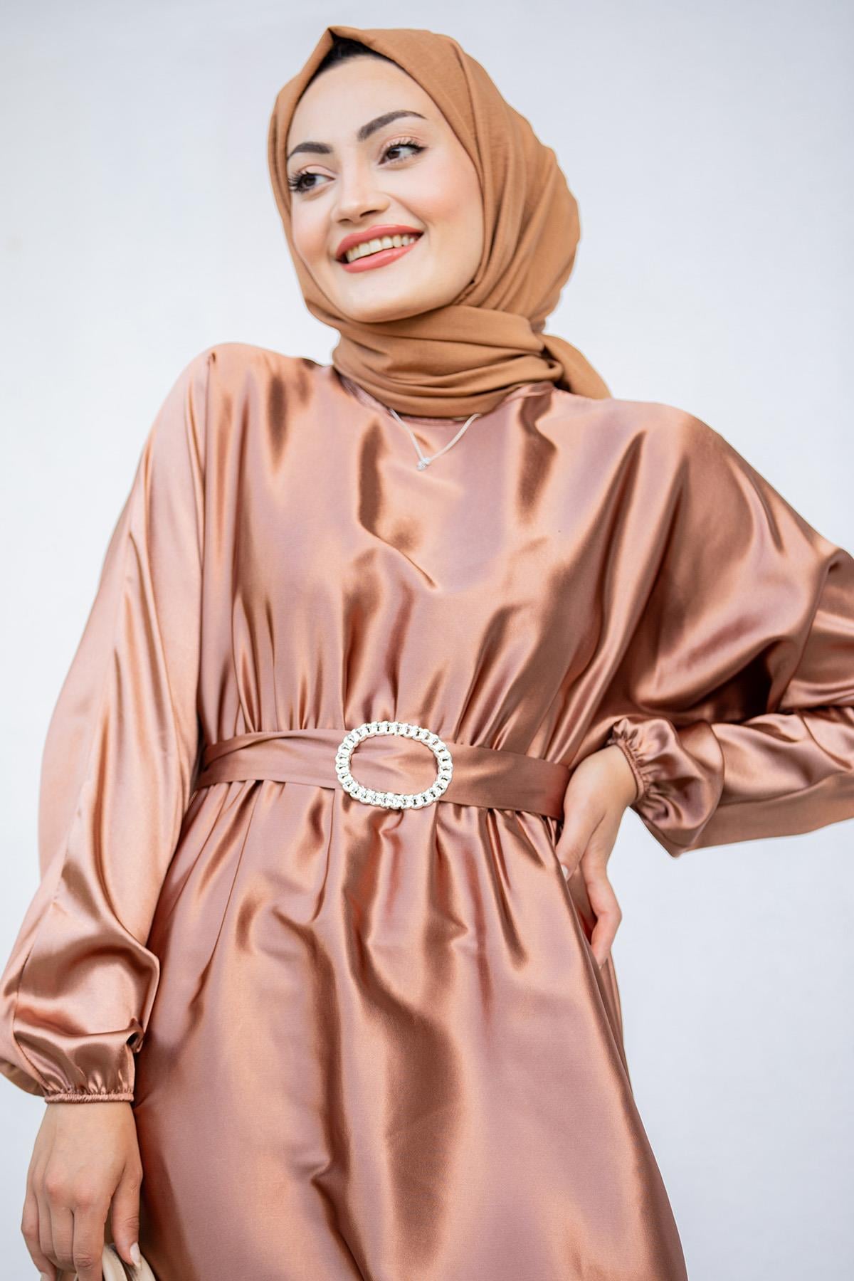 Nude Saten Mevlana Tesettür Abiye-Bronz