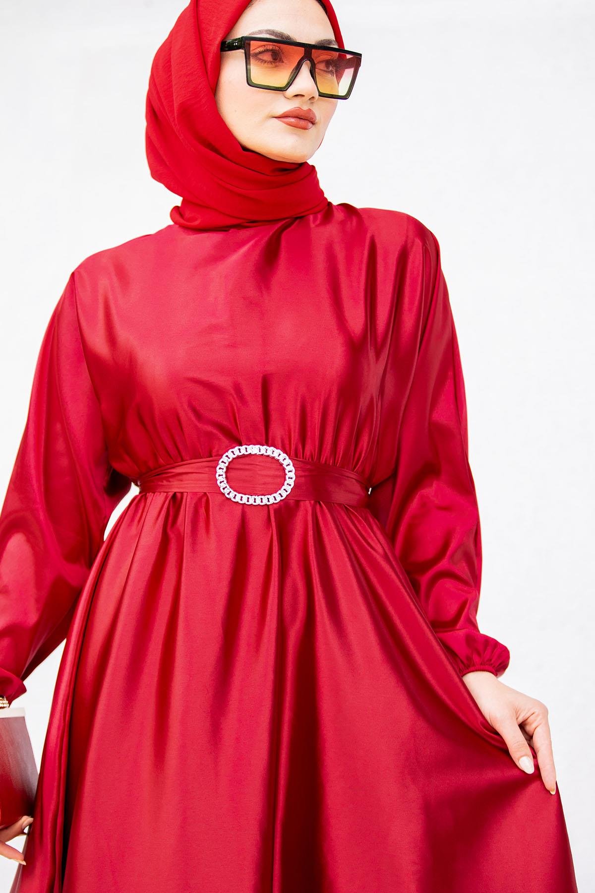Nude Saten Mevlana Tesettür Abiye-Kırmızı