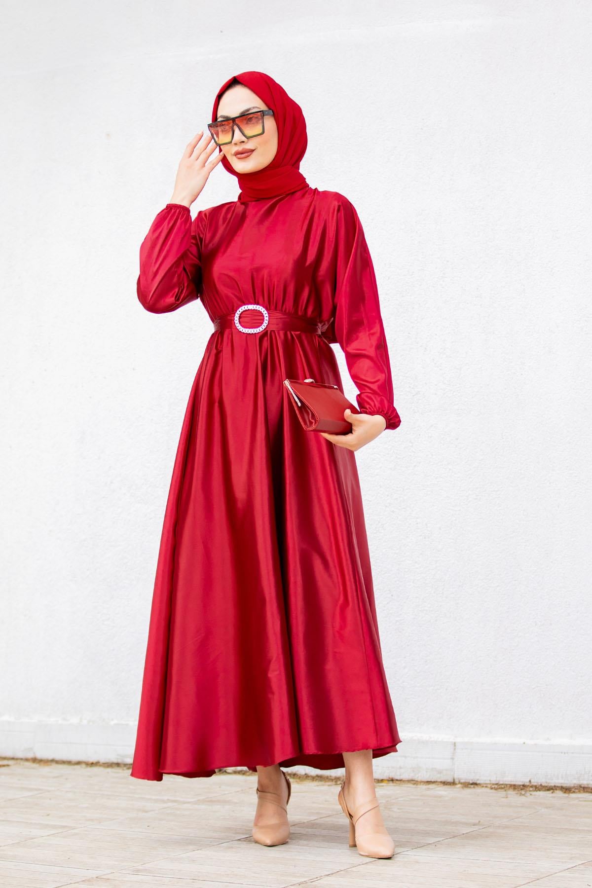 Nude Saten Mevlana Tesettür Abiye-Kırmızı
