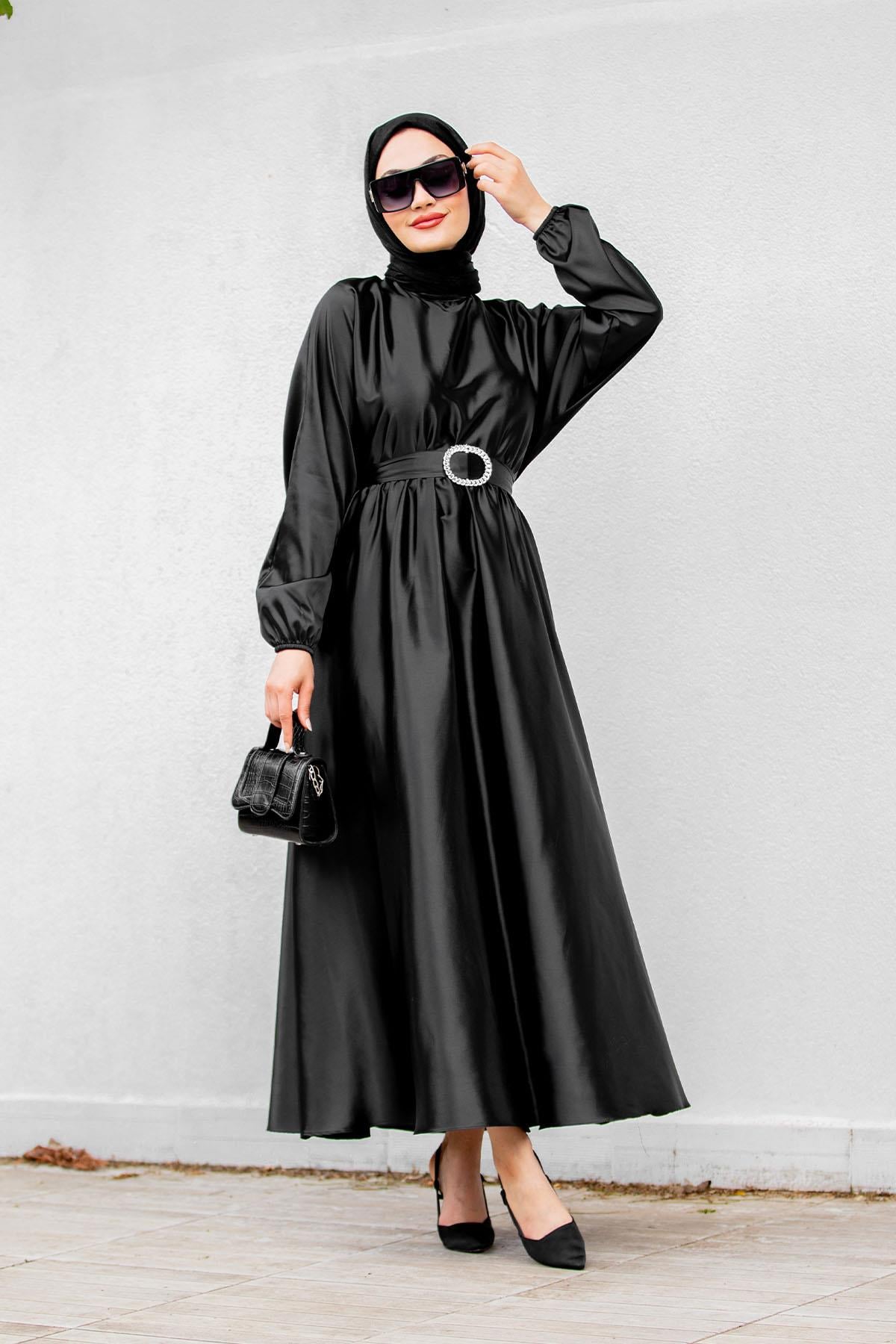 Nude Saten Mevlana Tesettür Abiye-Siyah
