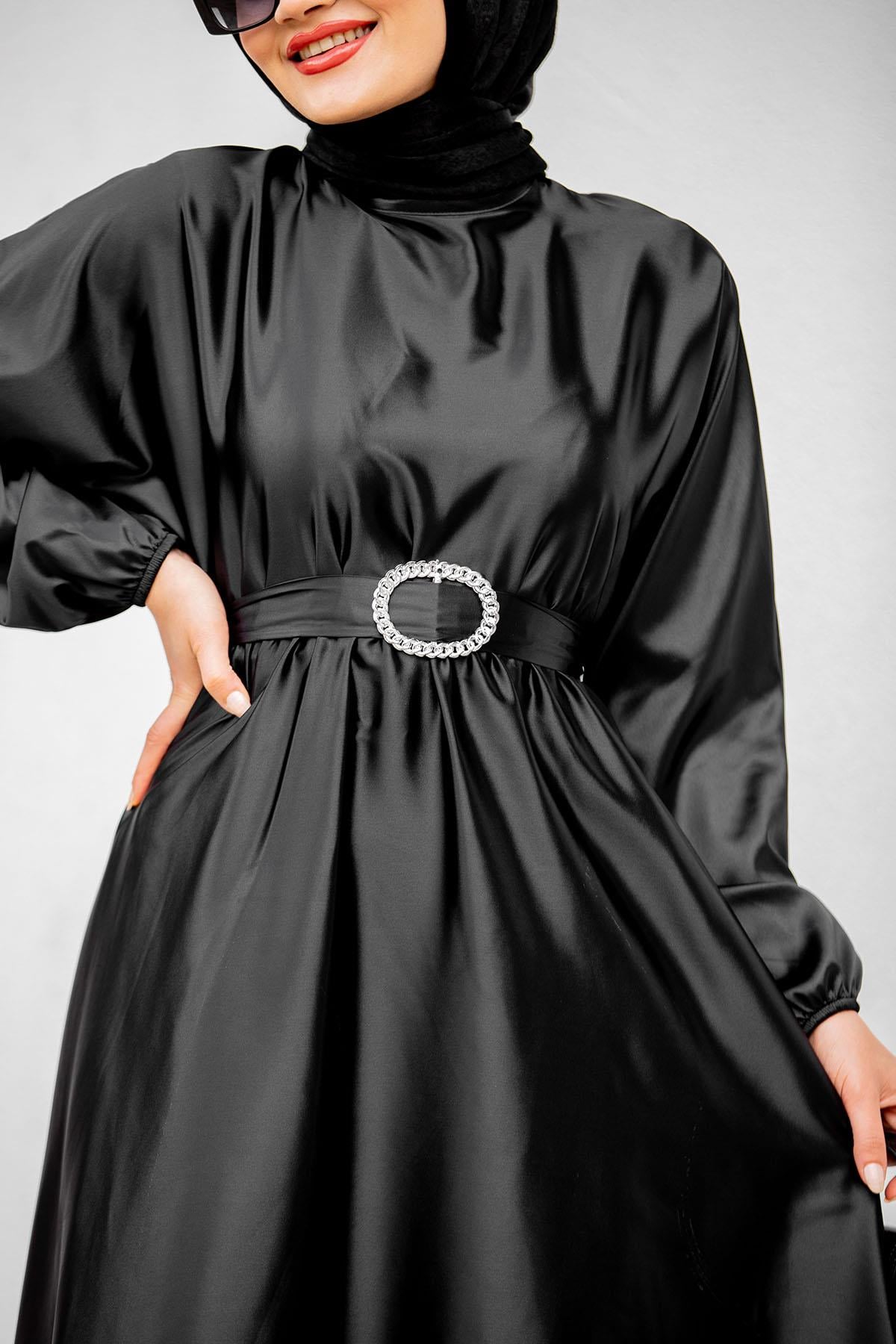 Nude Saten Mevlana Tesettür Abiye-Siyah